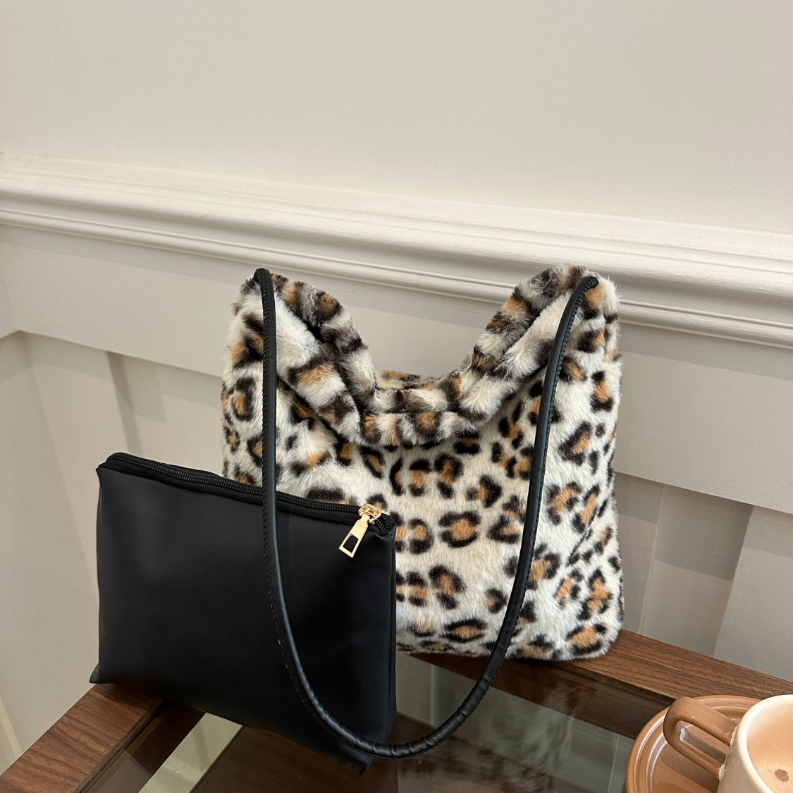 Blue Zone Planet | Leopard Furry Shoulder Bag-HANDBAGS-[Adult]-[Female]-2022 Online Blue Zone Planet