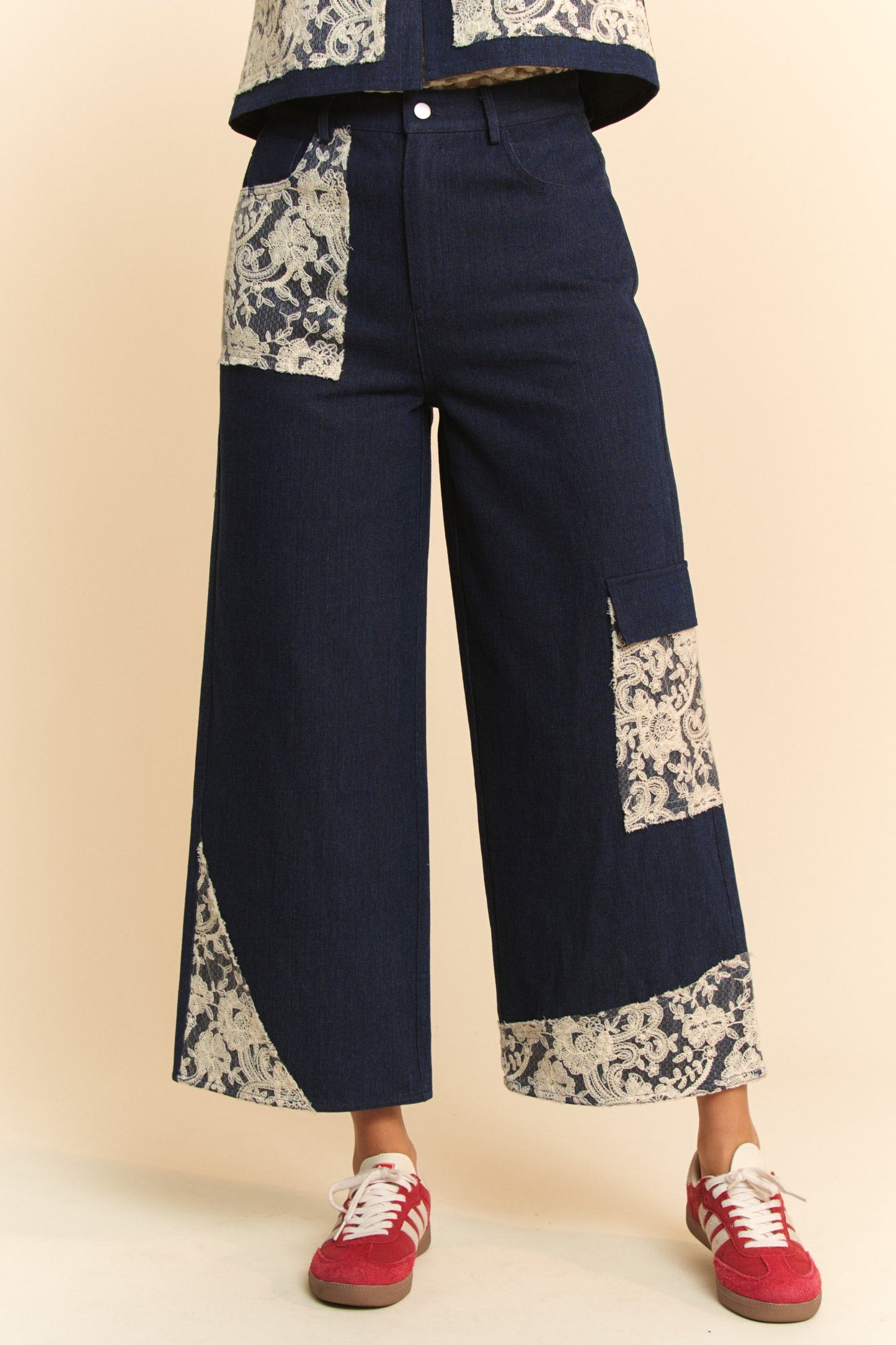 Davi & Dani Lace Applique Wide Leg Jeans-BOTTOMS-[Adult]-[Female]-2022 Online Blue Zone Planet