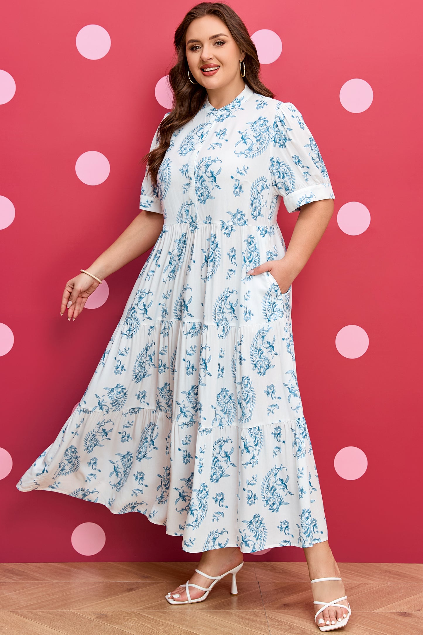 Sky Blue Plus Size Geometric Floral Print Button Split Neck Short Sleeve Maxi Dress-TOPS / DRESSES-[Adult]-[Female]-2022 Online Blue Zone Planet