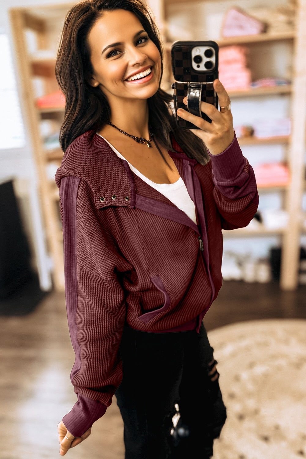 Burgundy Waffle Splicing Zip Up Front Button Hooded Jacket-Tops / Dresses-[Adult]-[Female]-2022 Online Blue Zone Planet