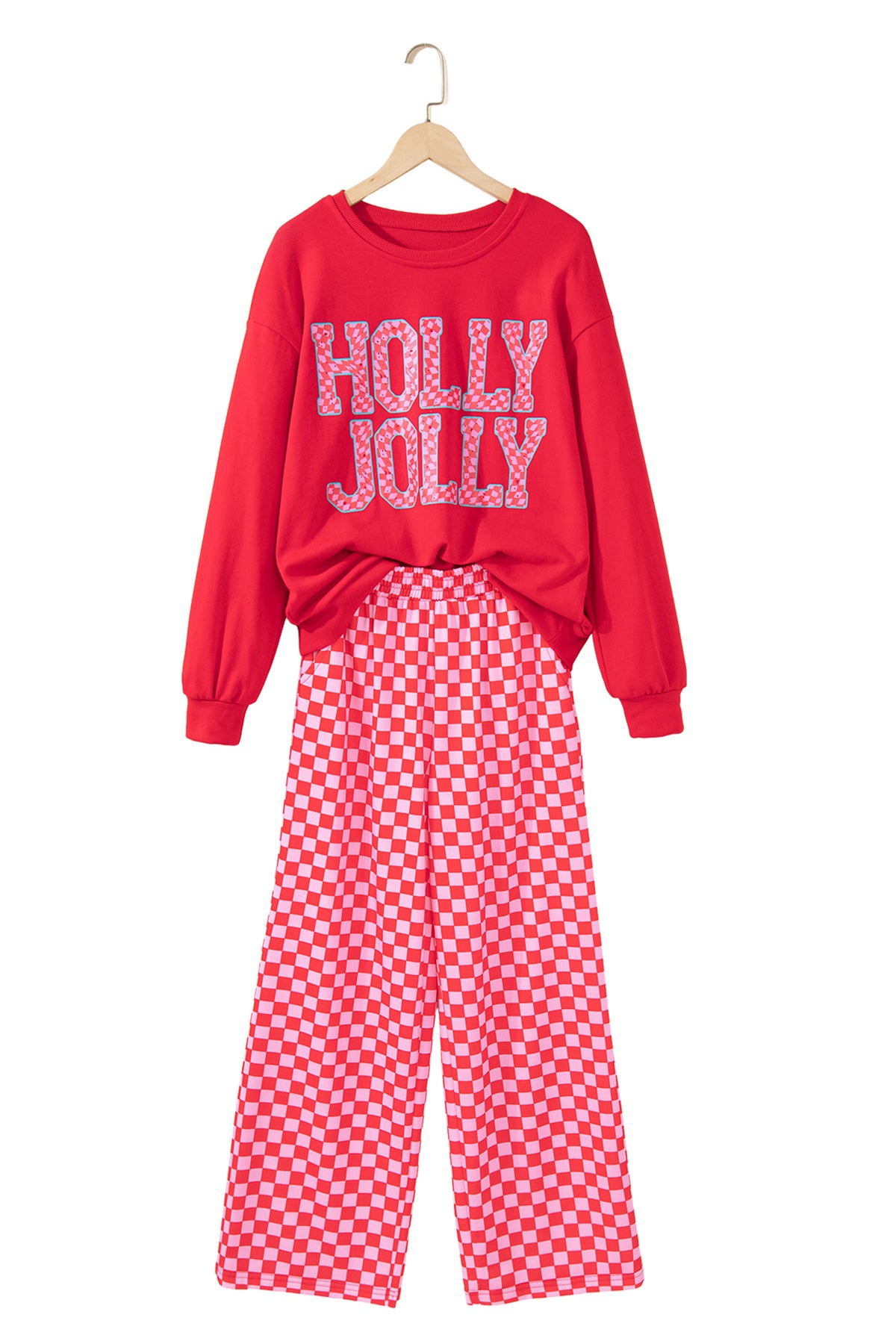 Red Christmas Slogan Graphic Plaid Contrast Two-piece Pant Set-Two Piece Sets/Pant Sets-[Adult]-[Female]-2022 Online Blue Zone Planet