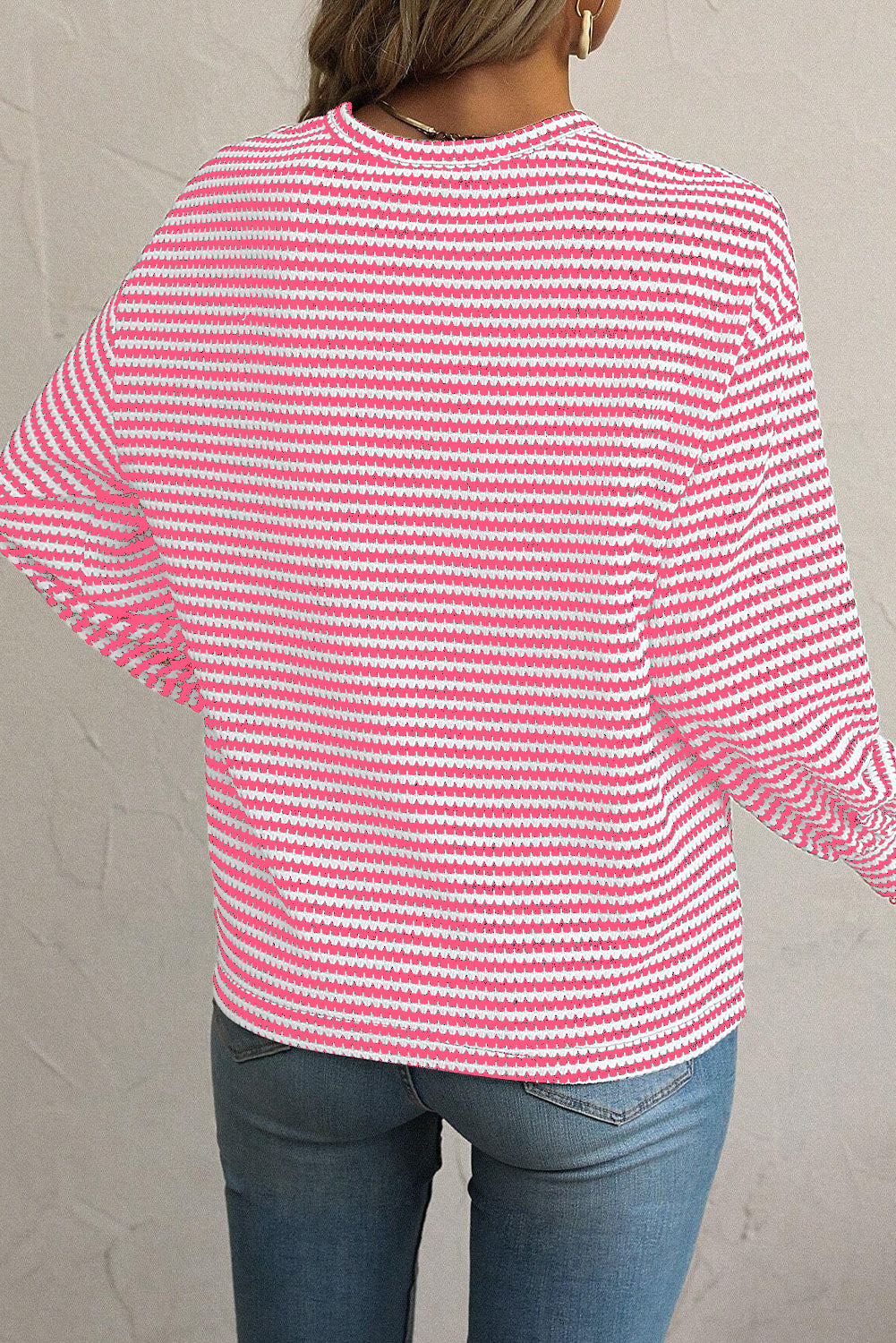 Blue Zone Planet | Rose Stripe Round Neck Drop Shoulder Long Sleeve Top-Tops/Long Sleeve Tops-[Adult]-[Female]-2022 Online Blue Zone Planet