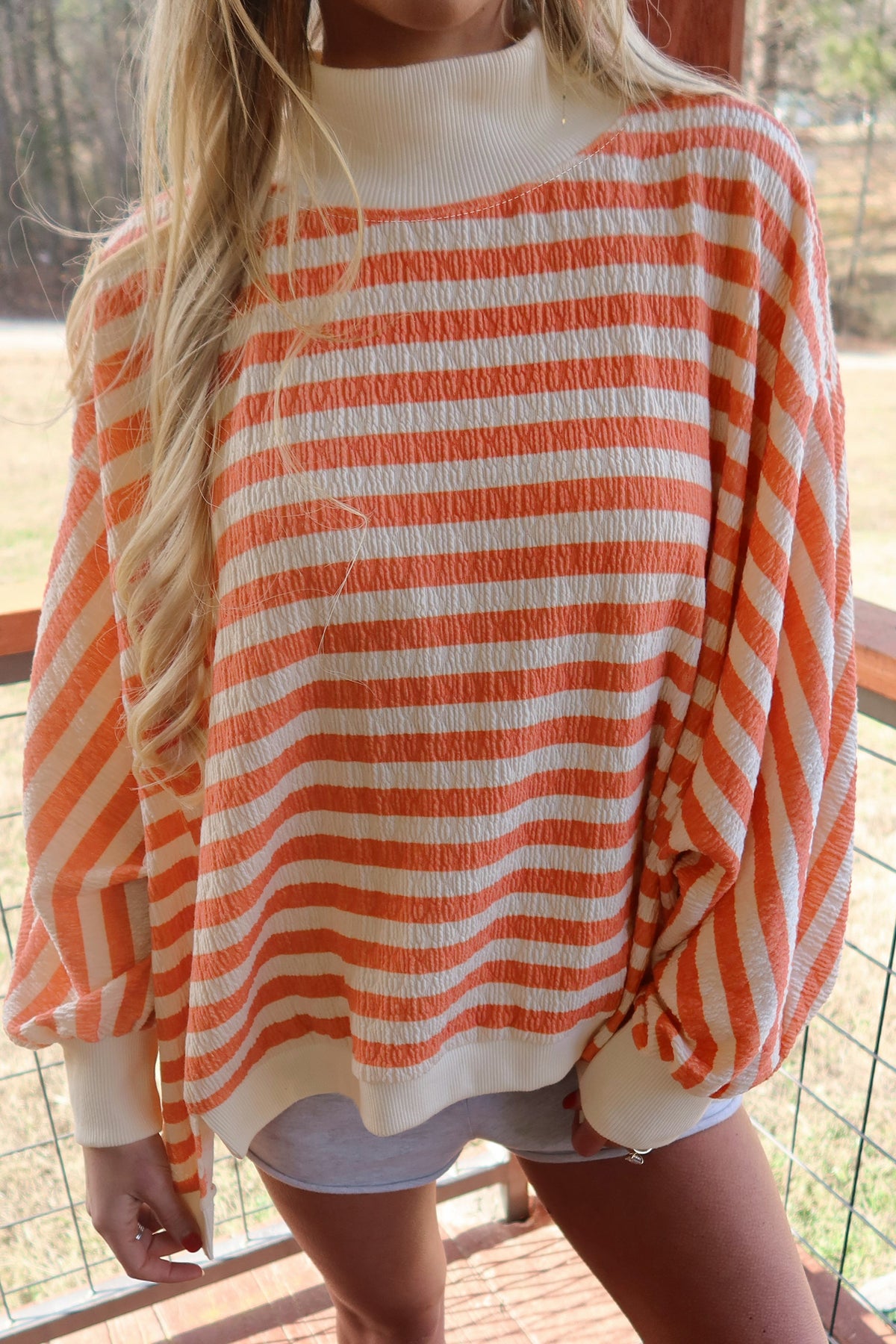 Orange Stripe Textured Contrast High Neck Long Sleeve Top Elastic Waist Pants 2pcs Set-Two Piece Sets/Pant Sets-[Adult]-[Female]-2022 Online Blue Zone Planet