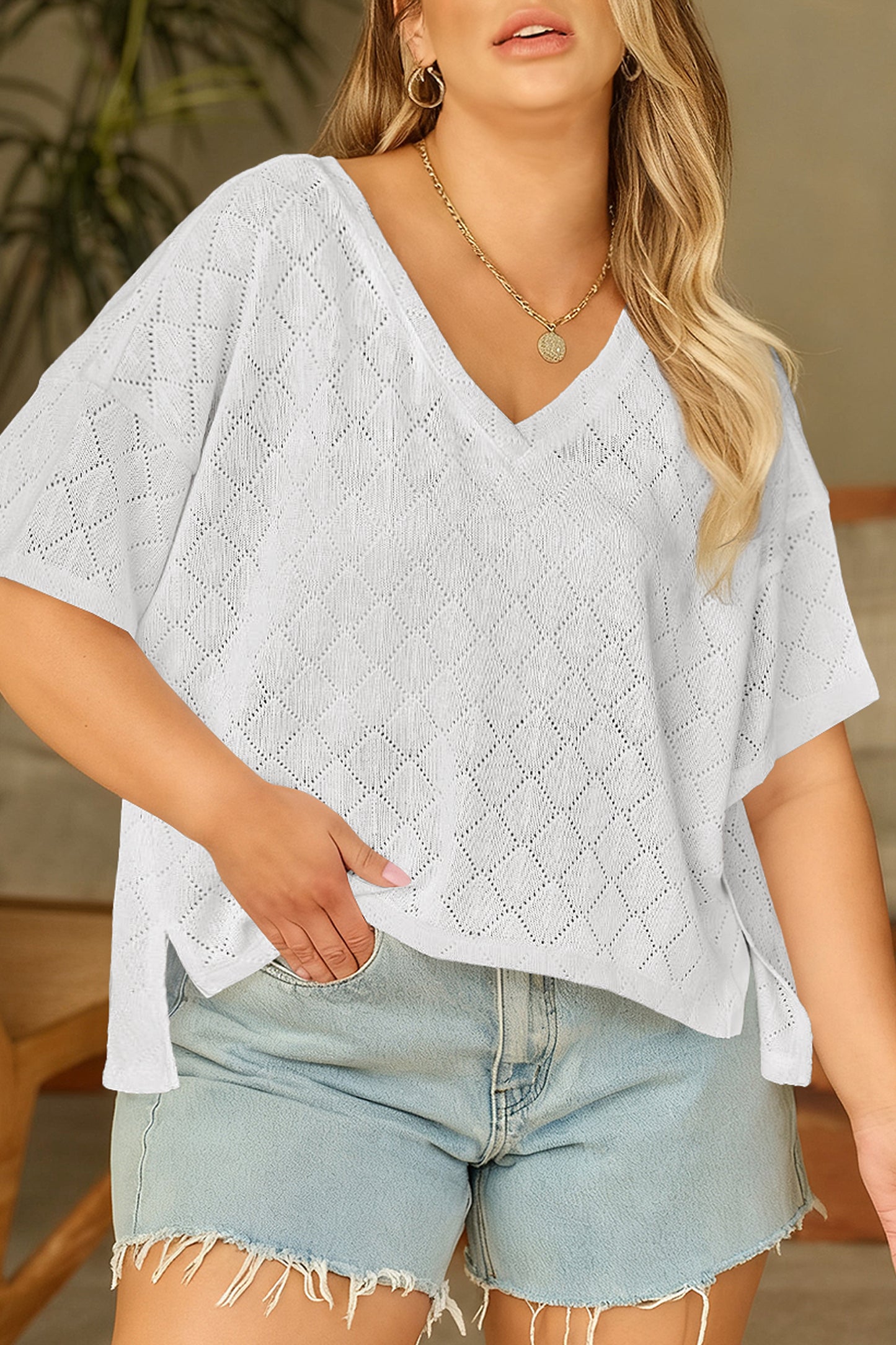 White Pointelle Rhombus Knit Plus Size V Neck Loose Top-Plus Size/Plus Size Tops/Plus Size Tops & Tees-[Adult]-[Female]-White-L-2022 Online Blue Zone Planet