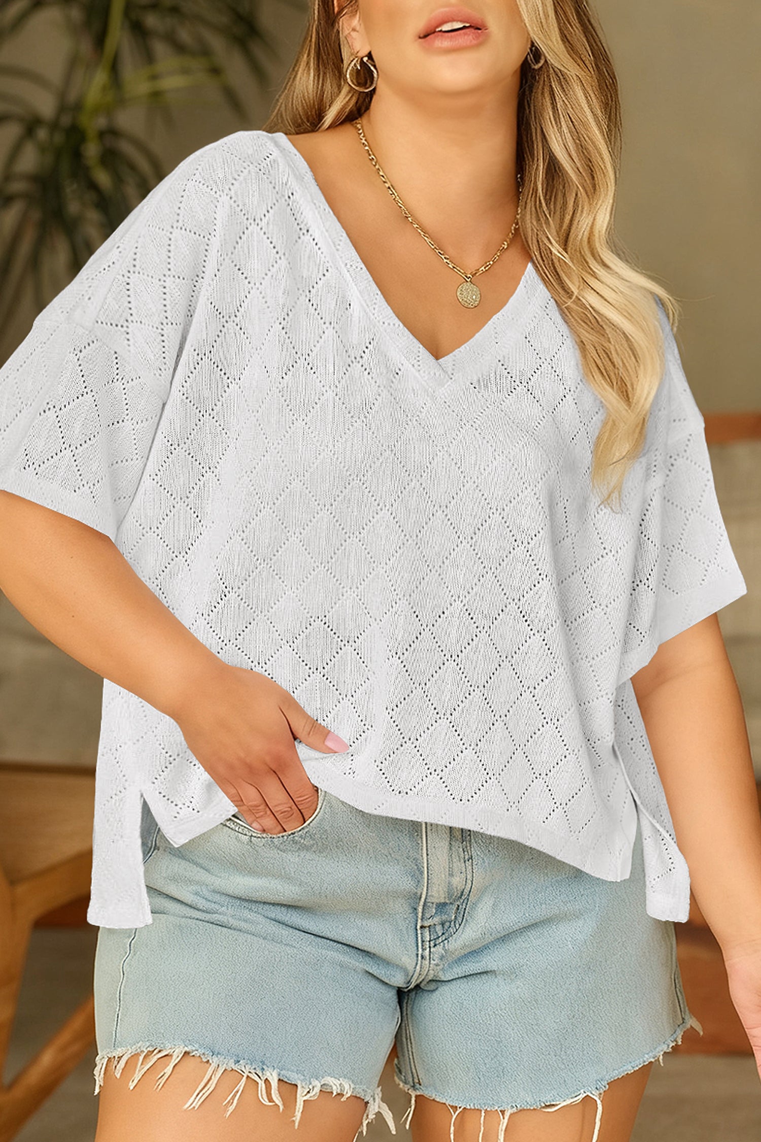White Pointelle Rhombus Knit Plus Size V Neck Loose Top-Plus Size/Plus Size Tops/Plus Size Tops & Tees-[Adult]-[Female]-White-L-2022 Online Blue Zone Planet