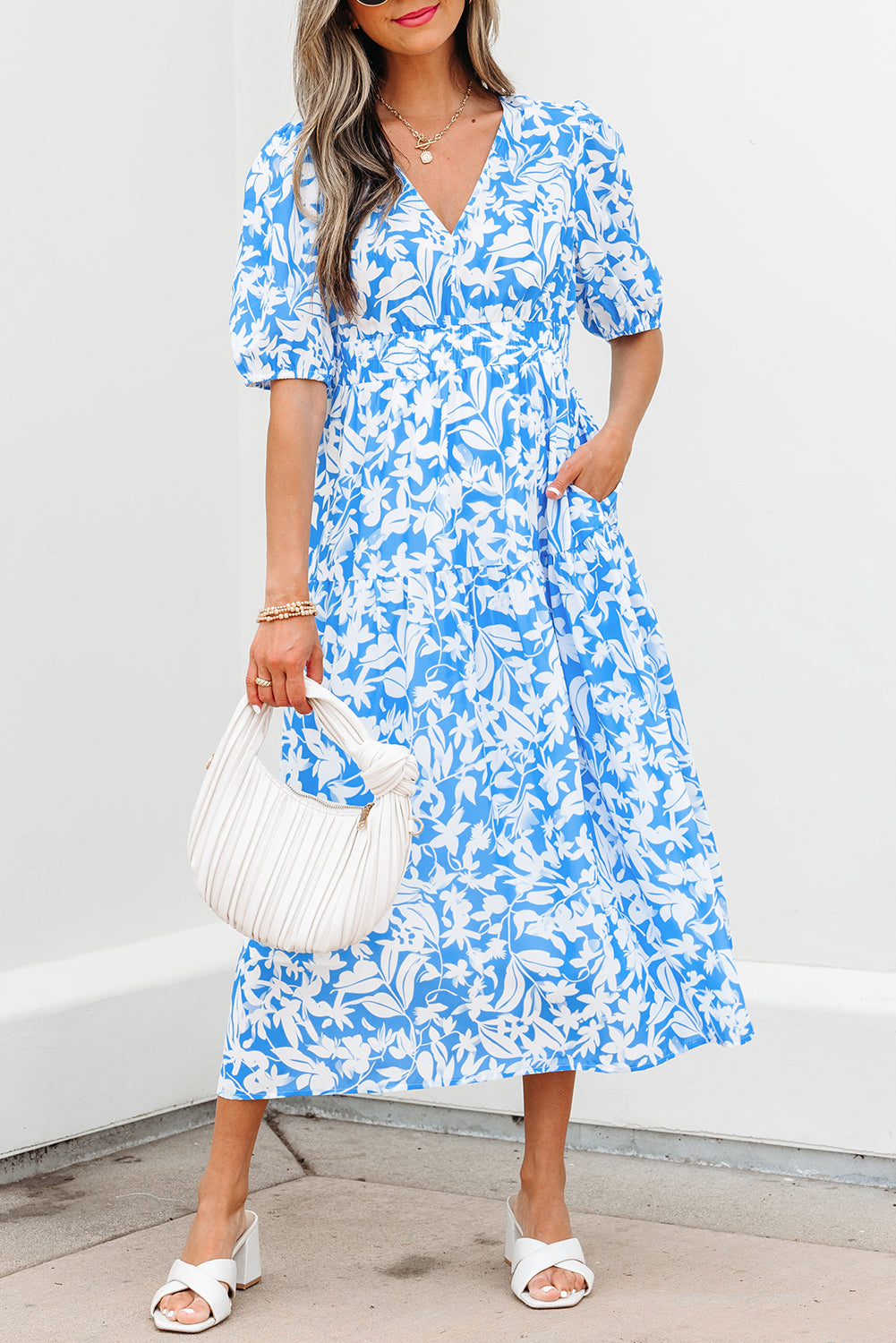 Sky Blue Floral V Neck Puff Short Sleeve Flowy Long Dress-TOPS / DRESSES-[Adult]-[Female]-2022 Online Blue Zone Planet
