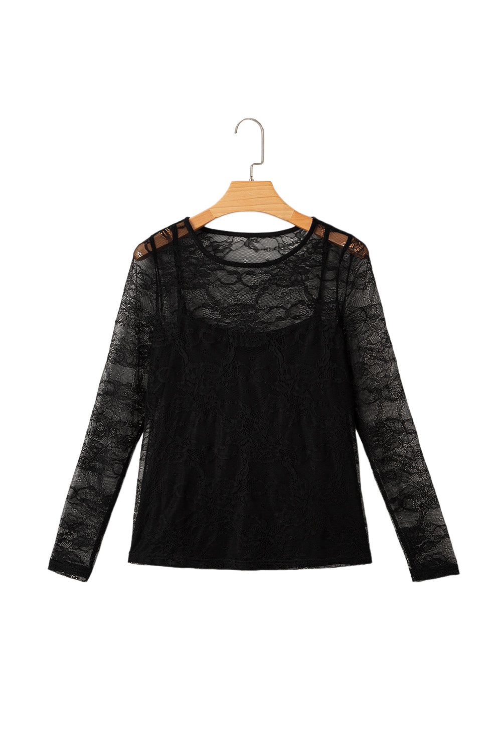 Black Lace Crochet Mesh Patched Slim Fit Long Sleeve Top-Tops/Long Sleeve Tops-[Adult]-[Female]-2022 Online Blue Zone Planet