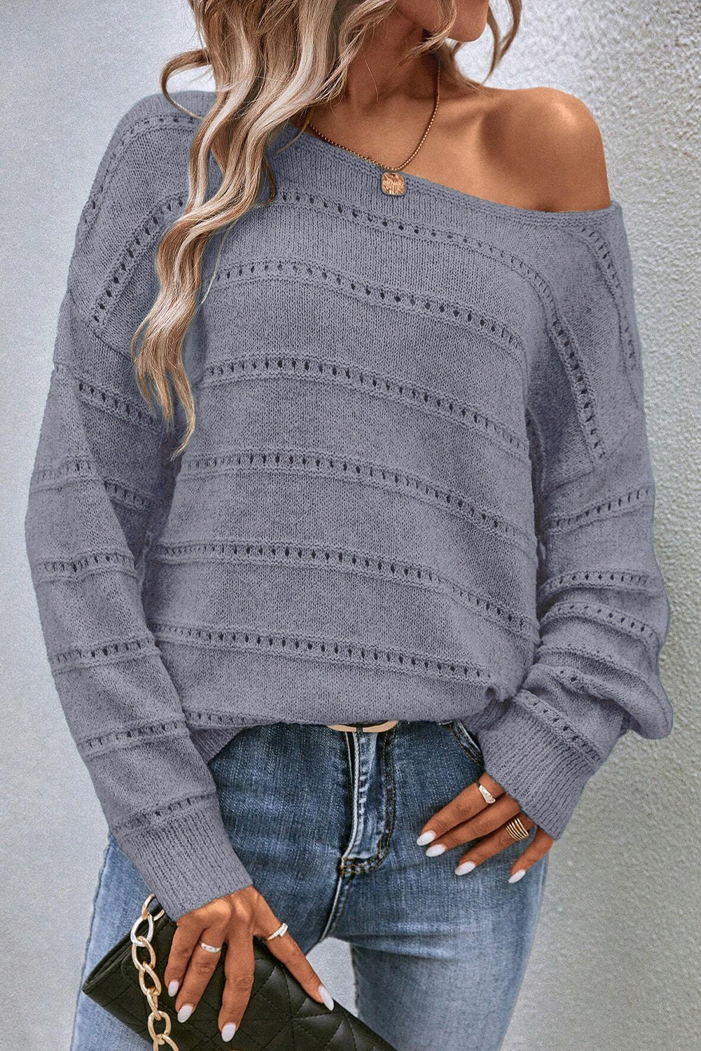 Pale Khaki Boat Neck Drop Shoulder Pointelle Knit Sweater-Sweaters & Cardigans/Sweaters-[Adult]-[Female]-2022 Online Blue Zone Planet