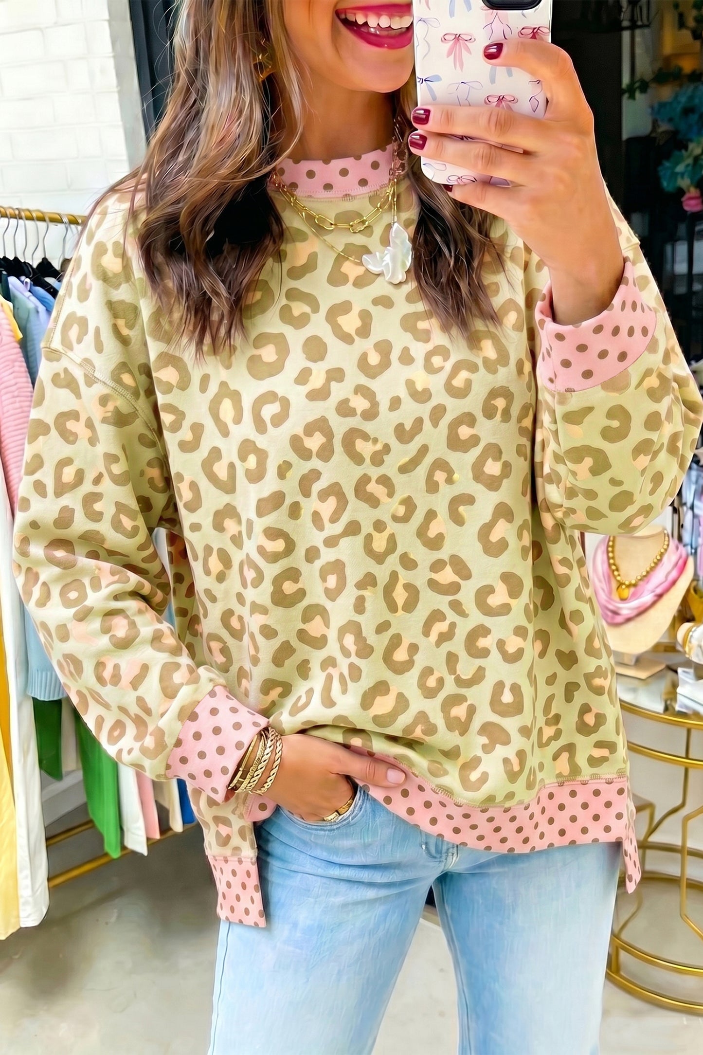 Pink Leopard Polka Dot Colorblock Trim Long Sleeve Top-Tops/Long Sleeve Tops-[Adult]-[Female]-2022 Online Blue Zone Planet