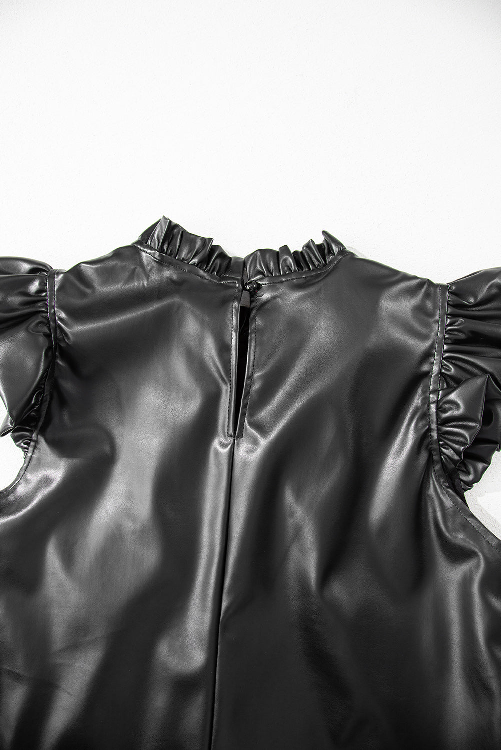 Black PU Leather Frilly Ruffle Trim Blouse-Tops/Blouses & Shirts-[Adult]-[Female]-2022 Online Blue Zone Planet