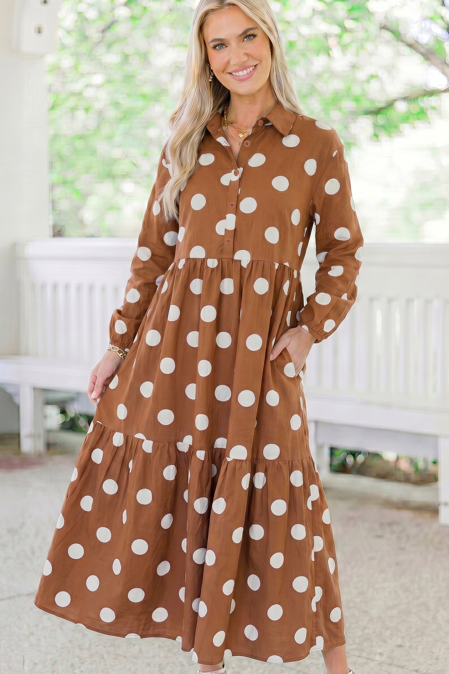 Brown Polka Dot Button Front Long Sleeve Shift Dress-TOPS / DRESSES-[Adult]-[Female]-2022 Online Blue Zone Planet