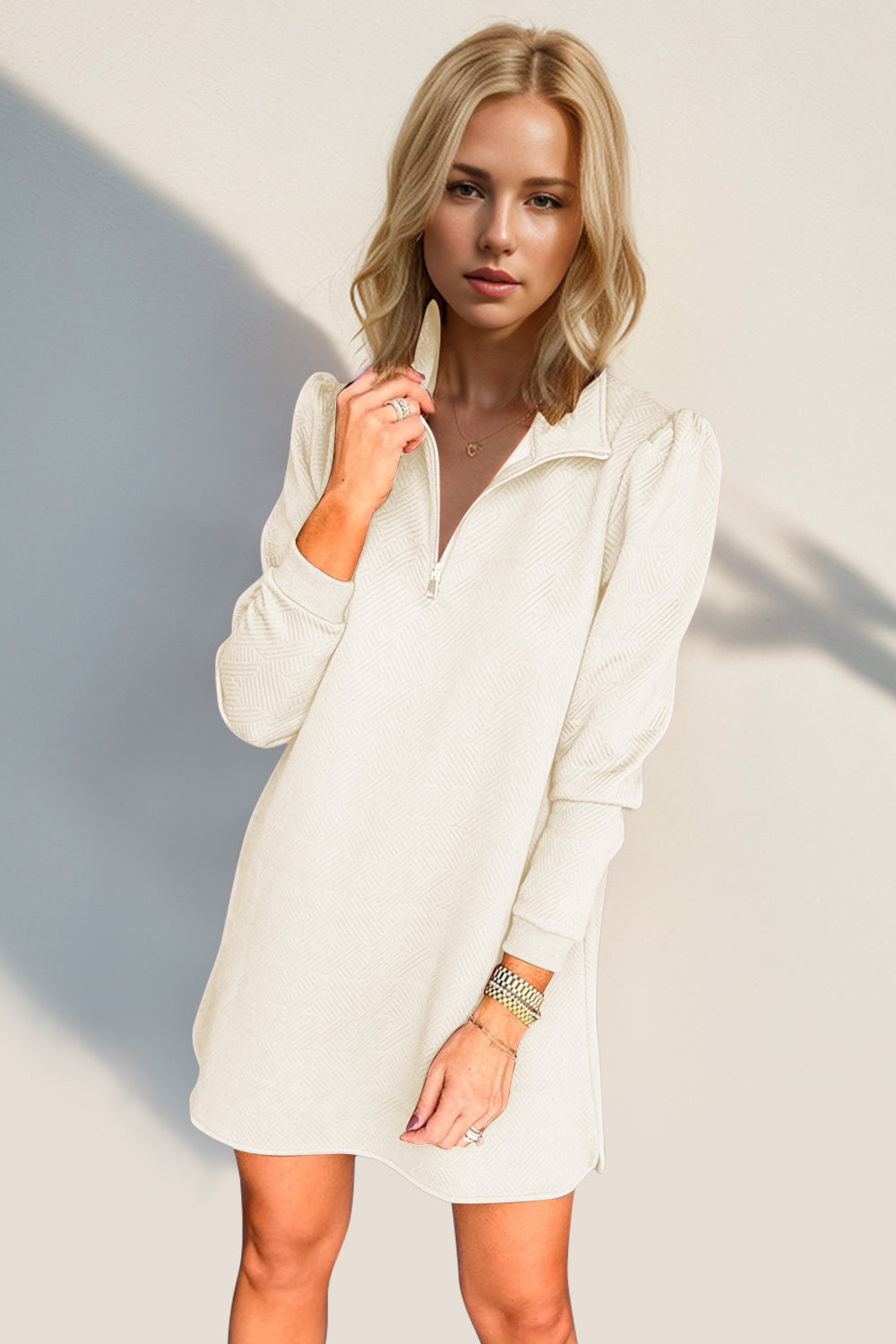 Blue Zone Planet | Double Take Textured Quarter Zip Long Sleeve Dress-TOPS / DRESSES-[Adult]-[Female]-Cream-S-2022 Online Blue Zone Planet