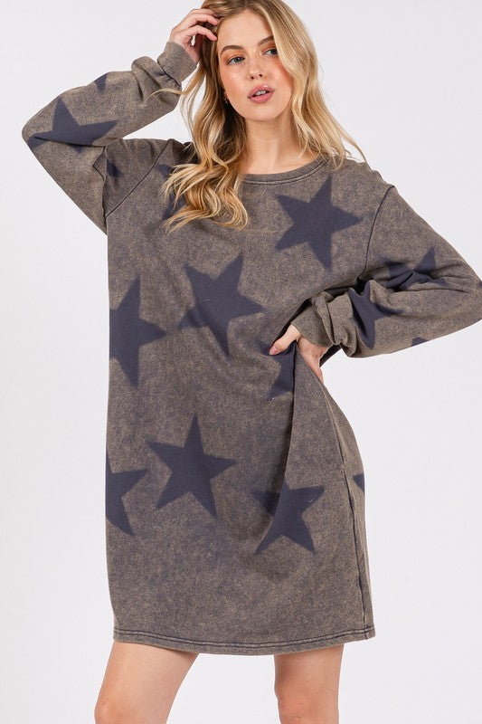 Blue Zone Planet | SAGE + FIG Washed Star Print Round Neck Dress-TOPS / DRESSES-[Adult]-[Female]-Dark Gray-S-2022 Online Blue Zone Planet