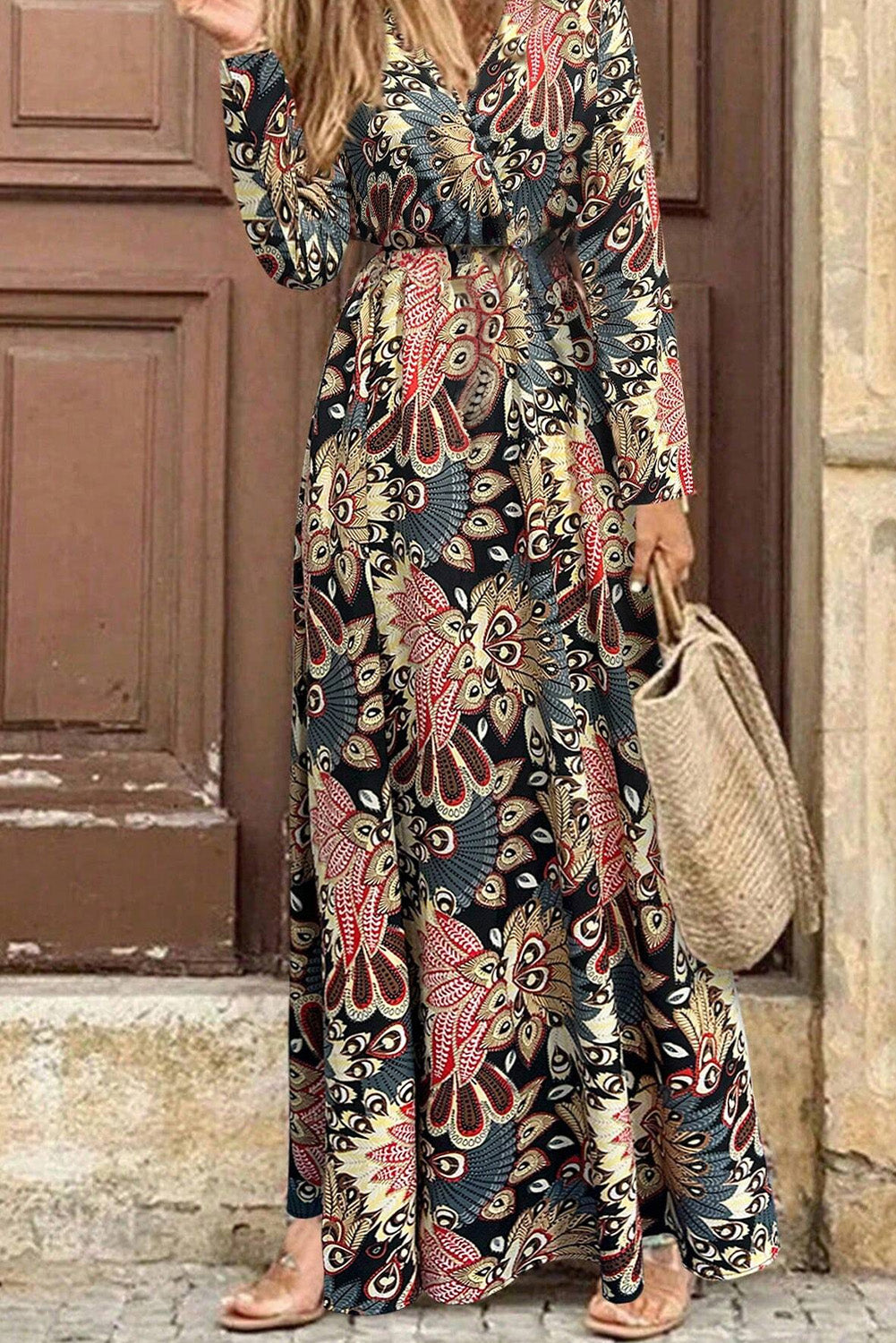 Black Floral Print V Neck Wrap High Waist Maxi Dress-Dresses/Maxi Dresses-[Adult]-[Female]-2022 Online Blue Zone Planet