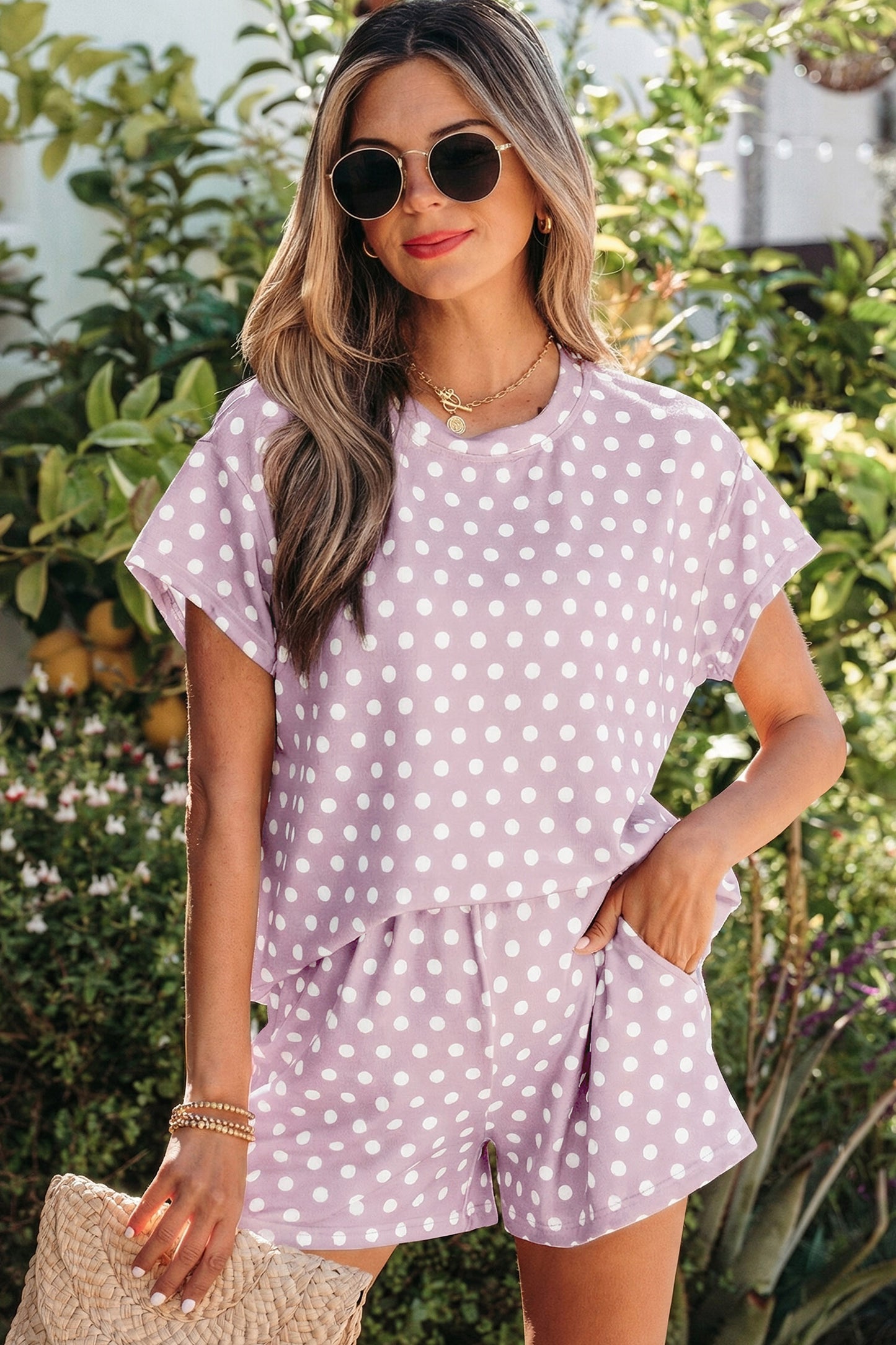 Pink Polka Dot Print Short Set-Two Piece Sets/Short Sets-[Adult]-[Female]-Purple-S-2022 Online Blue Zone Planet