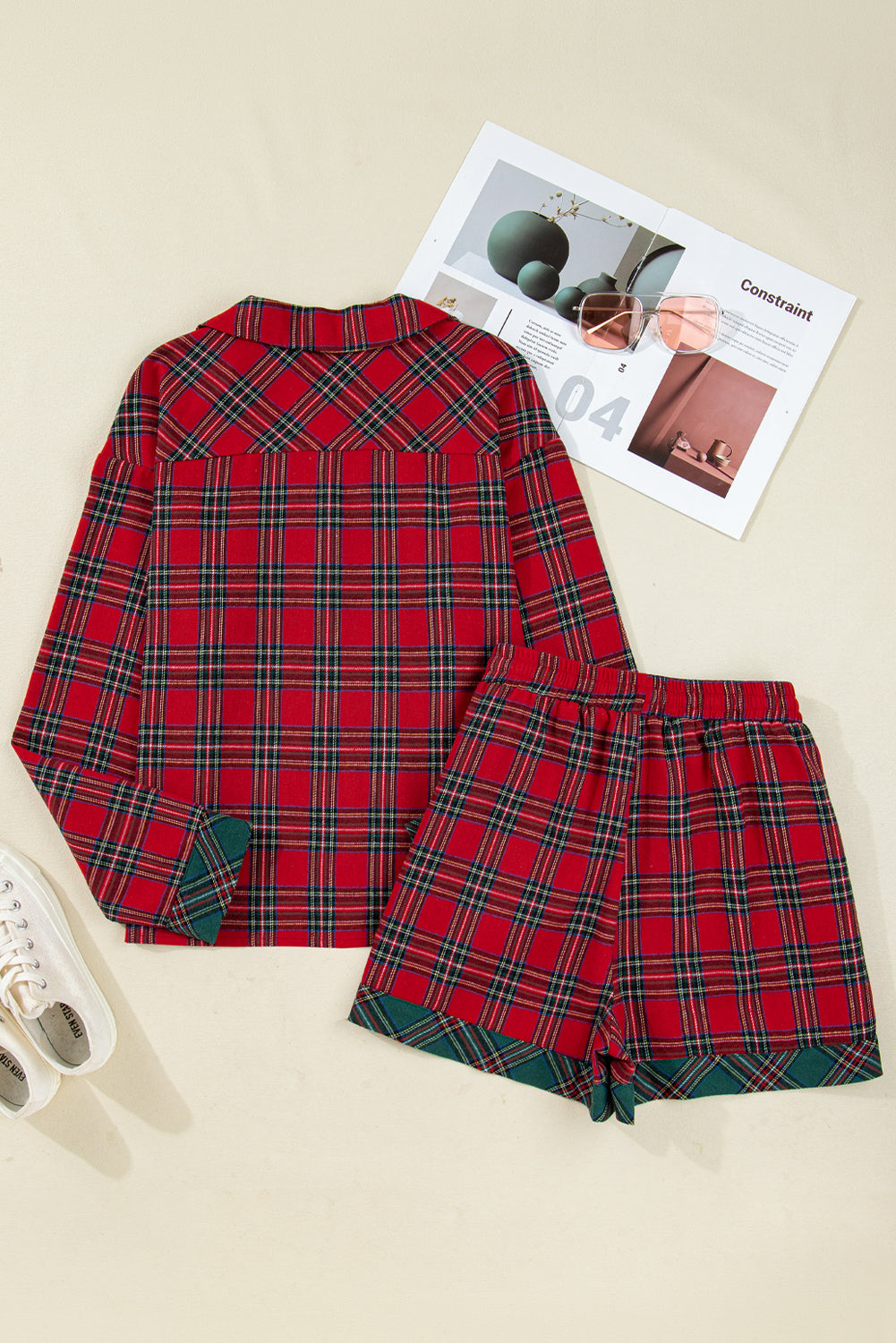 Green Plaid Christmas Holiday Patchwork Long Sleeve Shirt and Shorts Pajama Set-Loungewear Set-[Adult]-[Female]-2022 Online Blue Zone Planet