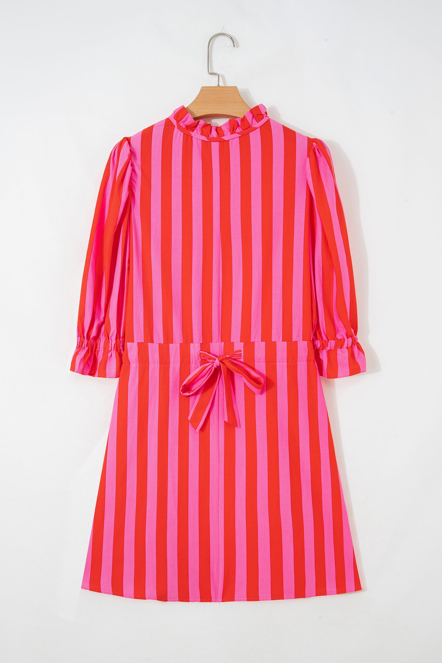 Red Stripe Half Button Puff Sleeve Loose Mini Dress-TOPS / DRESSES-[Adult]-[Female]-2022 Online Blue Zone Planet