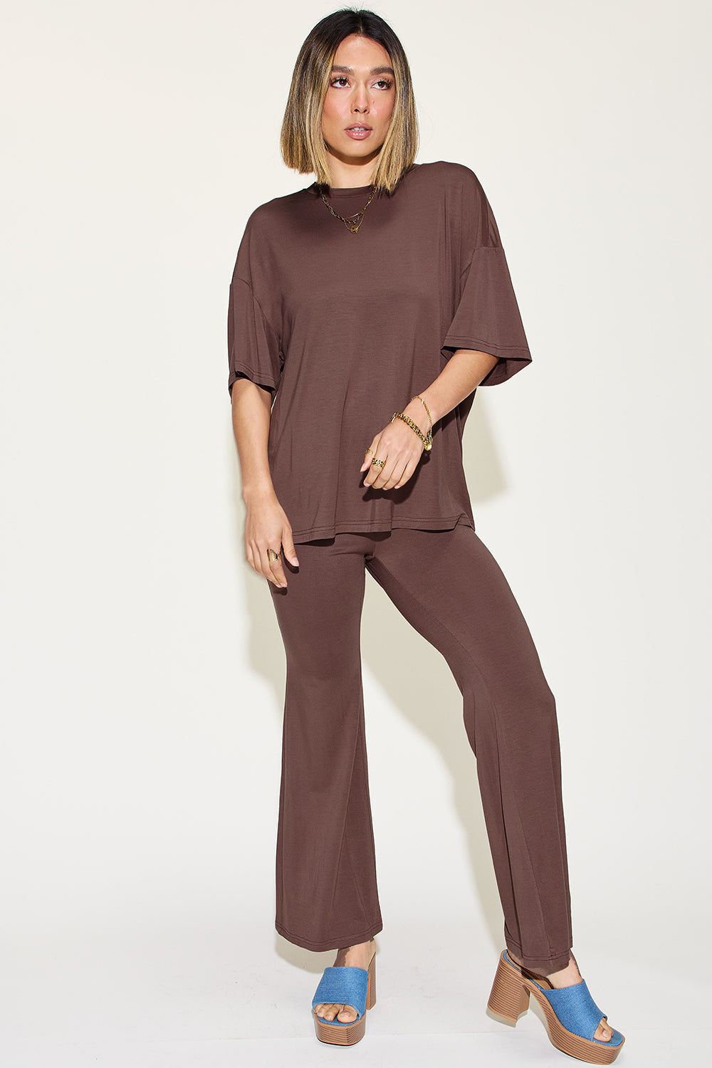 Basic Bae Full Size Bamboo Drop Shoulder T-Shirt and Flare Pants Set-TOPS / DRESSES-[Adult]-[Female]-Chocolate-S-2022 Online Blue Zone Planet