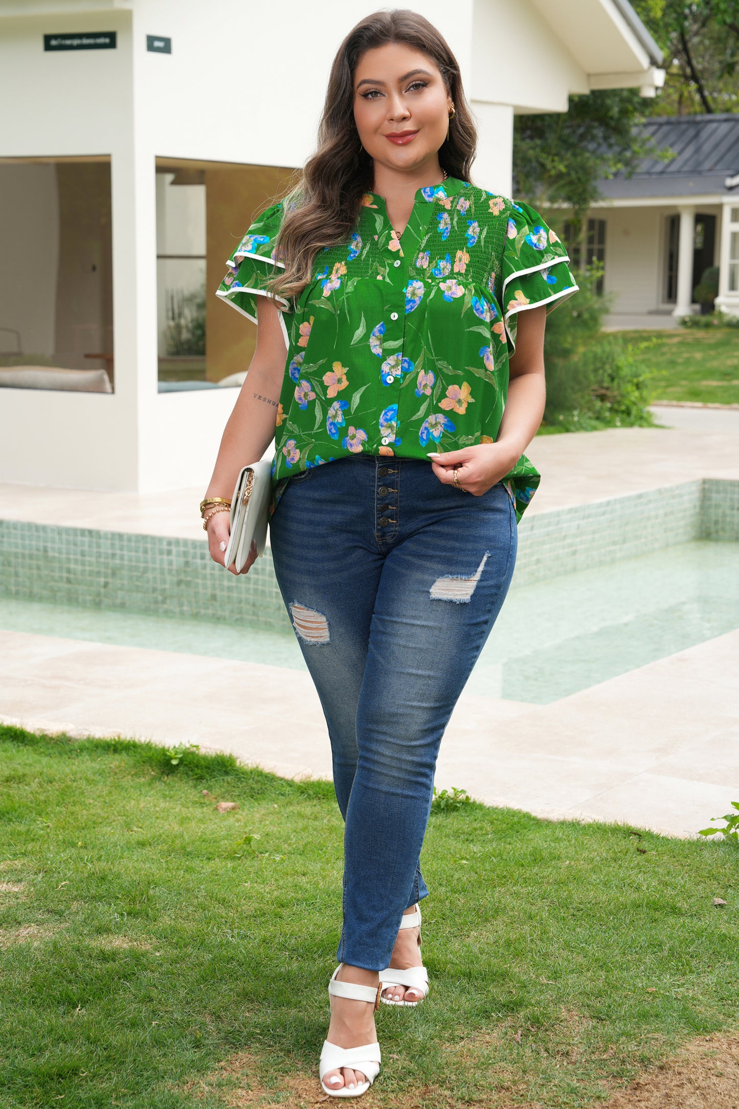 Green Plus Size Ruffled Short Sleeve Floral Top-Plus Size/Plus Size Tops/Plus Size Blouses & Shirts-[Adult]-[Female]-2022 Online Blue Zone Planet