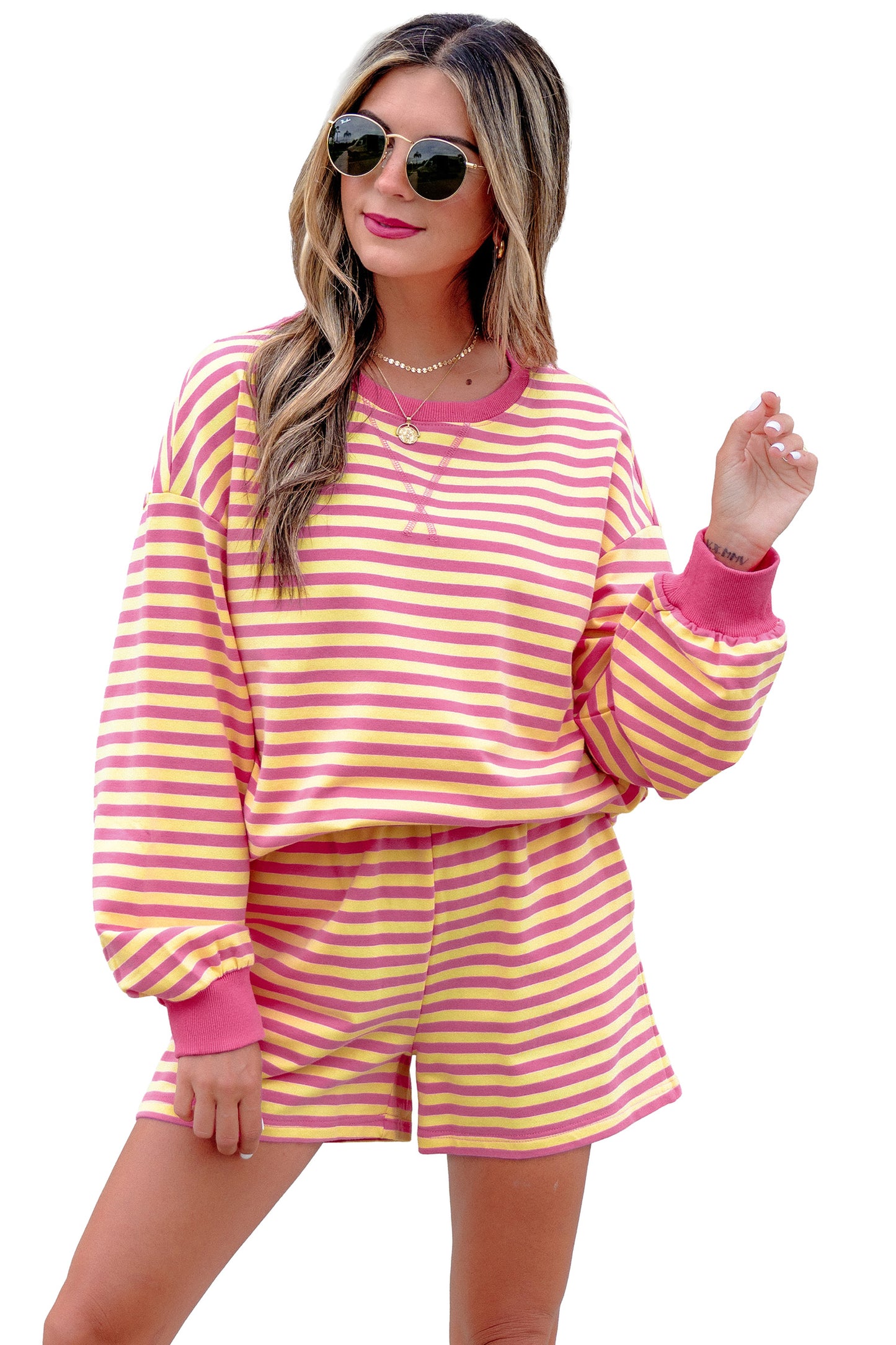 Yellow Stripe Color Block Trim Round Neck Long Sleeve Top Casual Shorts 2pcs Set-Two Piece Sets/Short Sets-[Adult]-[Female]-2022 Online Blue Zone Planet