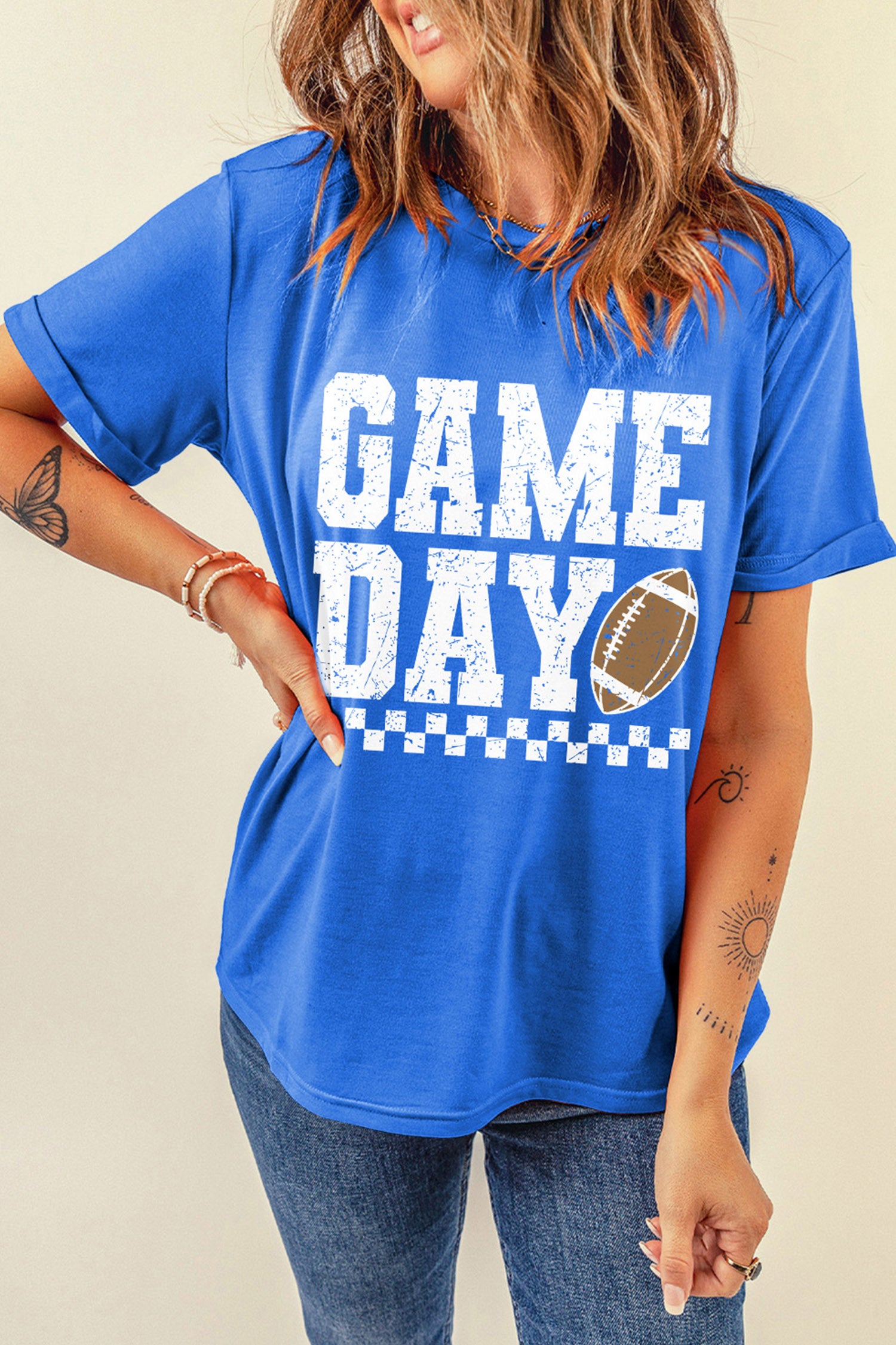 Dark Blue GAME DAY Checkered Print Rugby Graphic T Shirt-Graphic/Graphic Tees-[Adult]-[Female]-2022 Online Blue Zone Planet