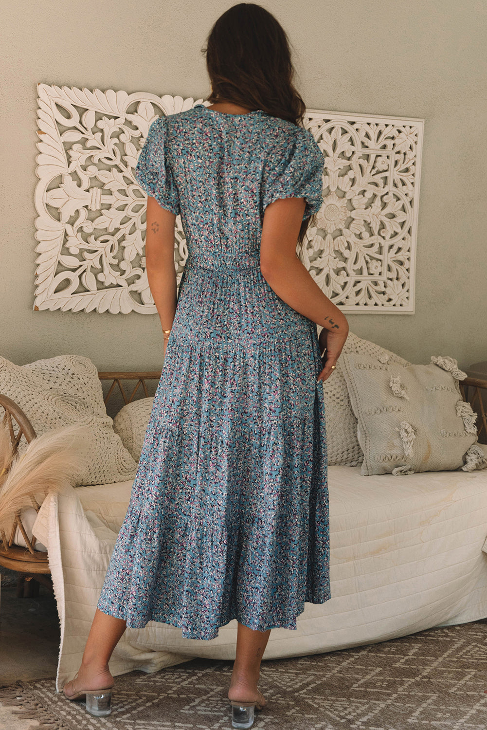 Blue Zone Planet | Blue Printed V Neck Shirred Short Puff Sleeve Maxi Dress-TOPS / DRESSES-[Adult]-[Female]-2022 Online Blue Zone Planet