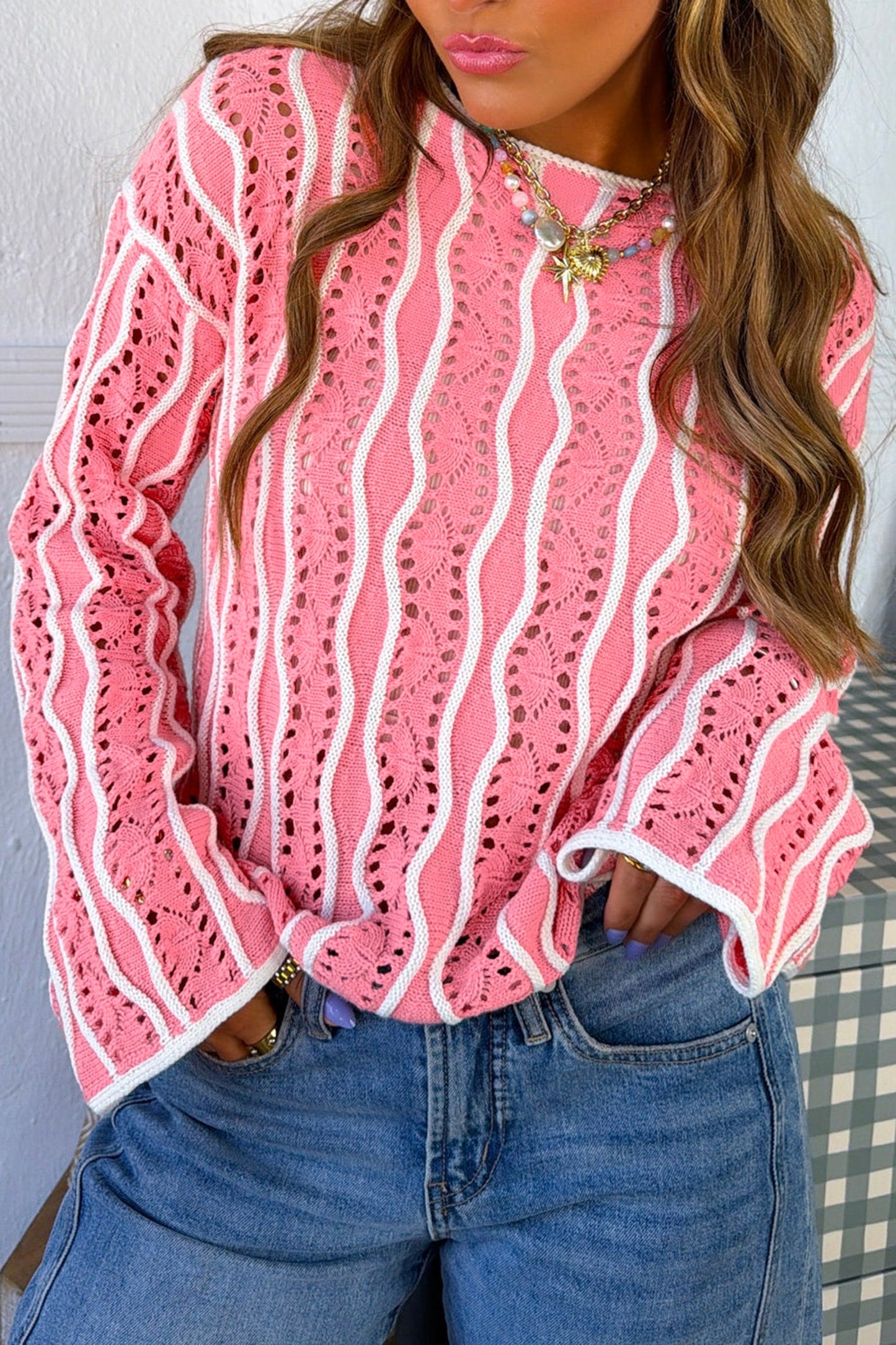 Pink Wavy Detail Hollow Out Knit Long Sleeve Cotton Pullover Sweater-Sweaters & Cardigans/Sweaters-[Adult]-[Female]-2022 Online Blue Zone Planet