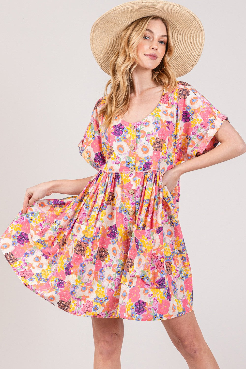 SAGE + FIG Floral Short Sleeve Babydoll Dress with Pockets-TOPS / DRESSES-[Adult]-[Female]-Multi-S-2022 Online Blue Zone Planet