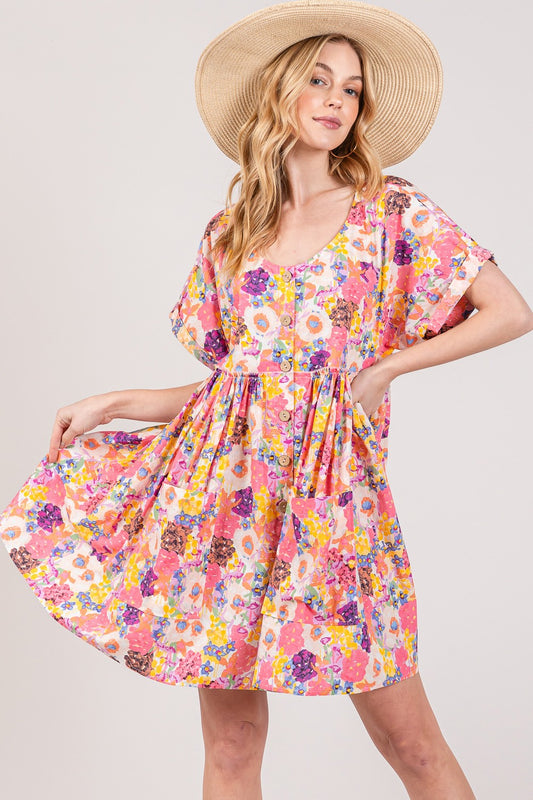 SAGE + FIG Floral Short Sleeve Babydoll Dress with Pockets-TOPS / DRESSES-[Adult]-[Female]-Multi-S-2022 Online Blue Zone Planet