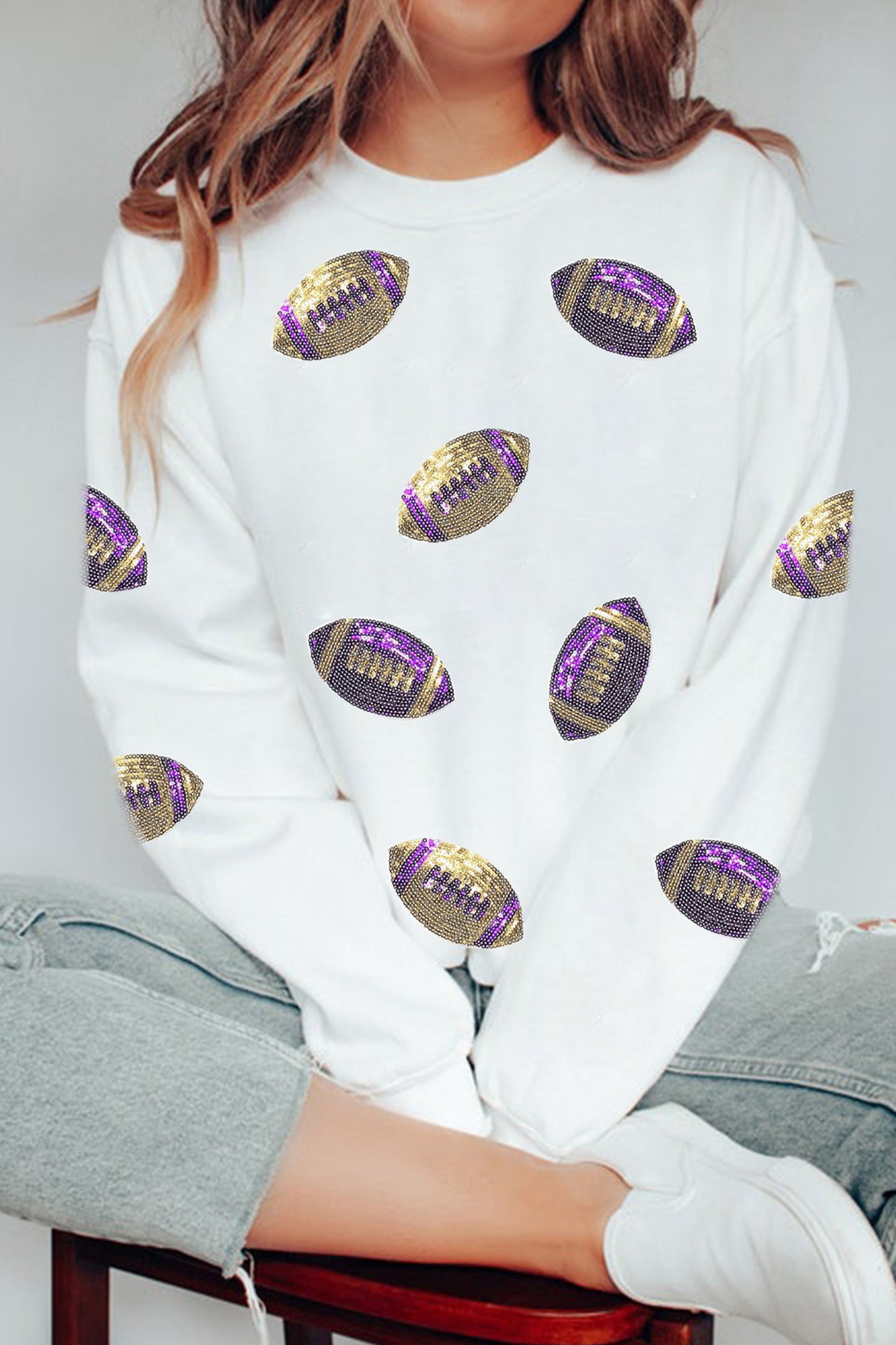White Game Day Sequin Rugby Pattern Baggy Sweatshirt