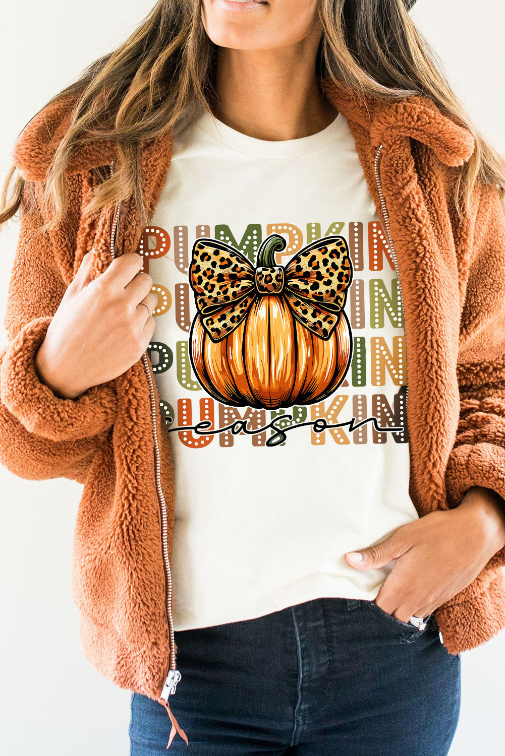 White PUMPKIN Season Leopard Bow Print Crew Neck T Shirt-Graphic/Graphic Tees-[Adult]-[Female]-White-S-2022 Online Blue Zone Planet