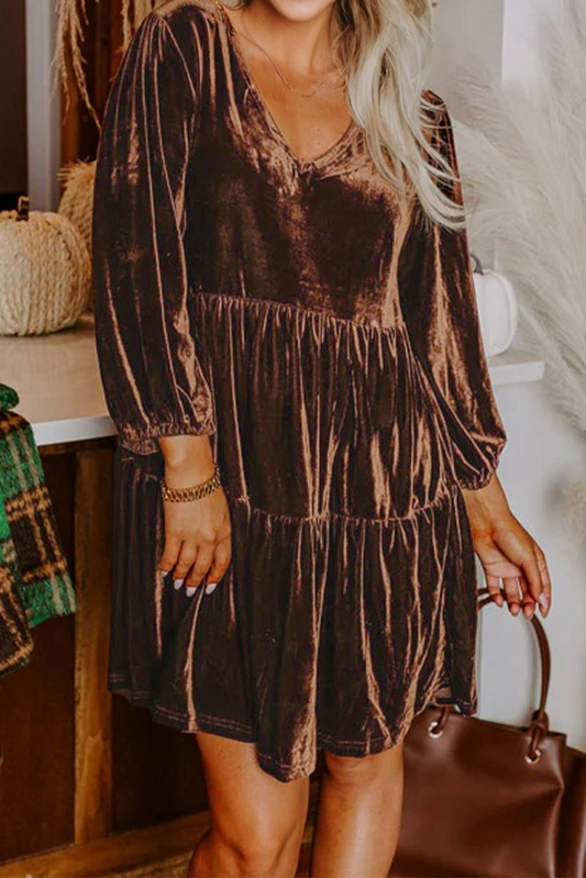 Chicory Coffee Solid Color Velvet V Neck Long Sleeve Tiered Mini Dress-Dresses/Mini Dresses-[Adult]-[Female]-Chicory Coffee-S-2022 Online Blue Zone Planet