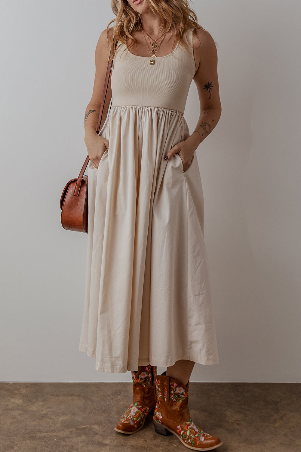 Beige Scoop Neck Ribbed Bodice Pleated Sleeveless Long Dress-Dresses/Maxi Dresses-[Adult]-[Female]-2022 Online Blue Zone Planet