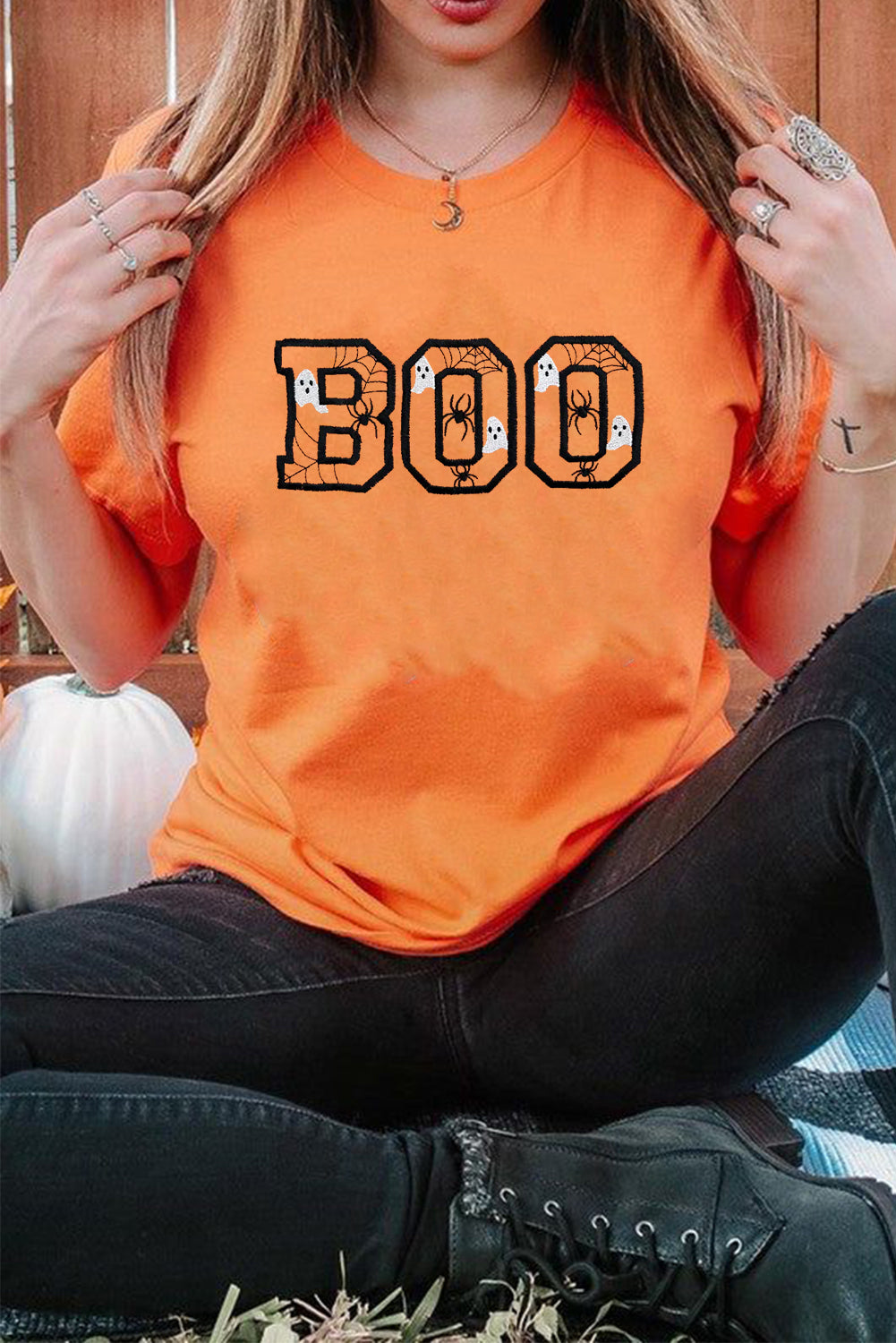 Orange BOO Halloween Ghost Spider Embroidered Graphic Tee-Graphic/Graphic Tees-[Adult]-[Female]-Orange-S-2022 Online Blue Zone Planet