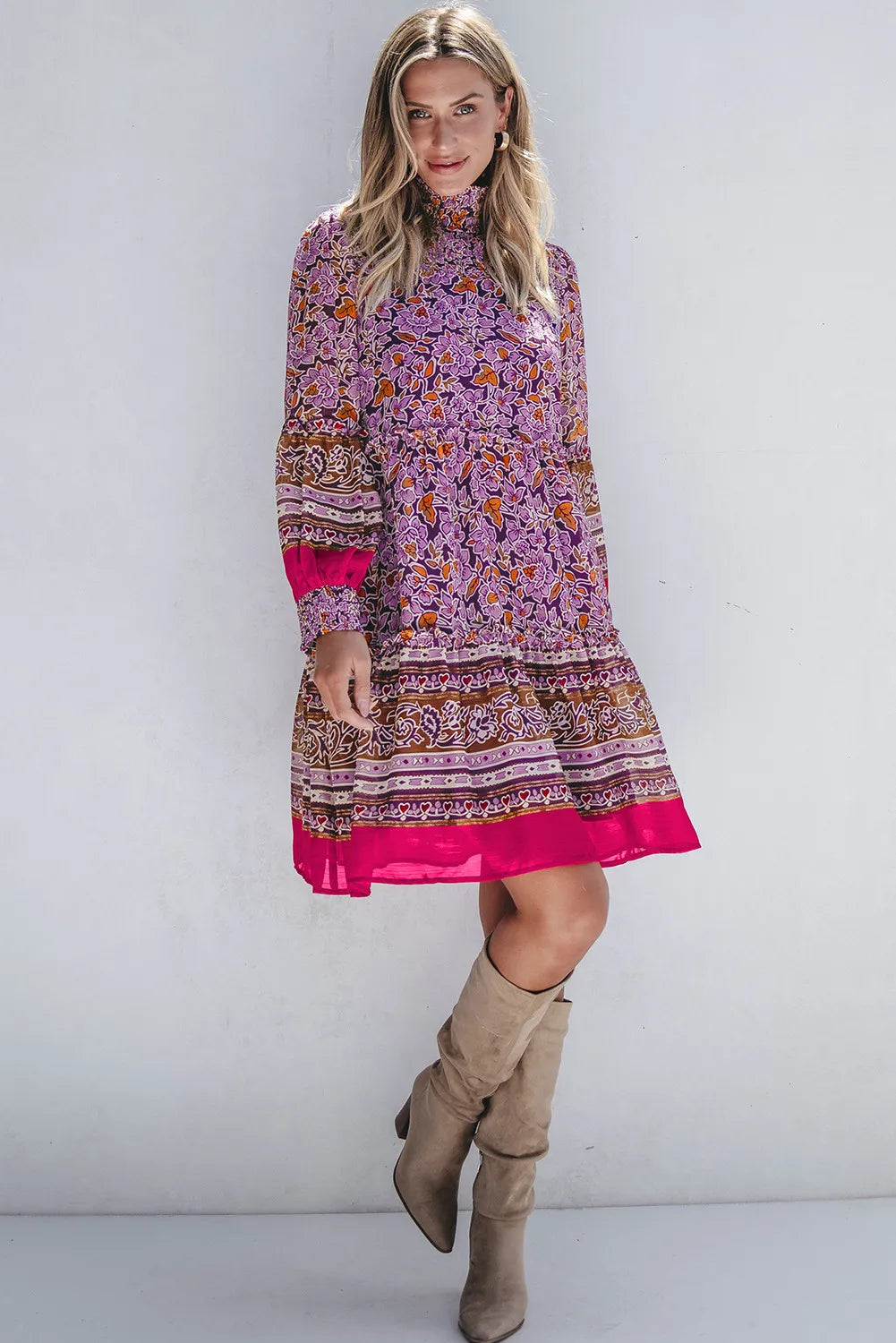 Blue Zone Planet | Smocked Floral Turtleneck Long Sleeve Dress-TOPS / DRESSES-[Adult]-[Female]-2022 Online Blue Zone Planet