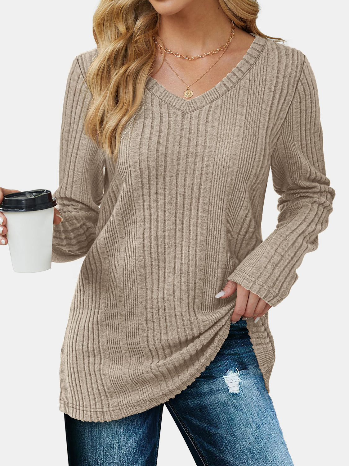 V-Neck Long Sleeve T-Shirt-TOPS / DRESSES-[Adult]-[Female]-2022 Online Blue Zone Planet