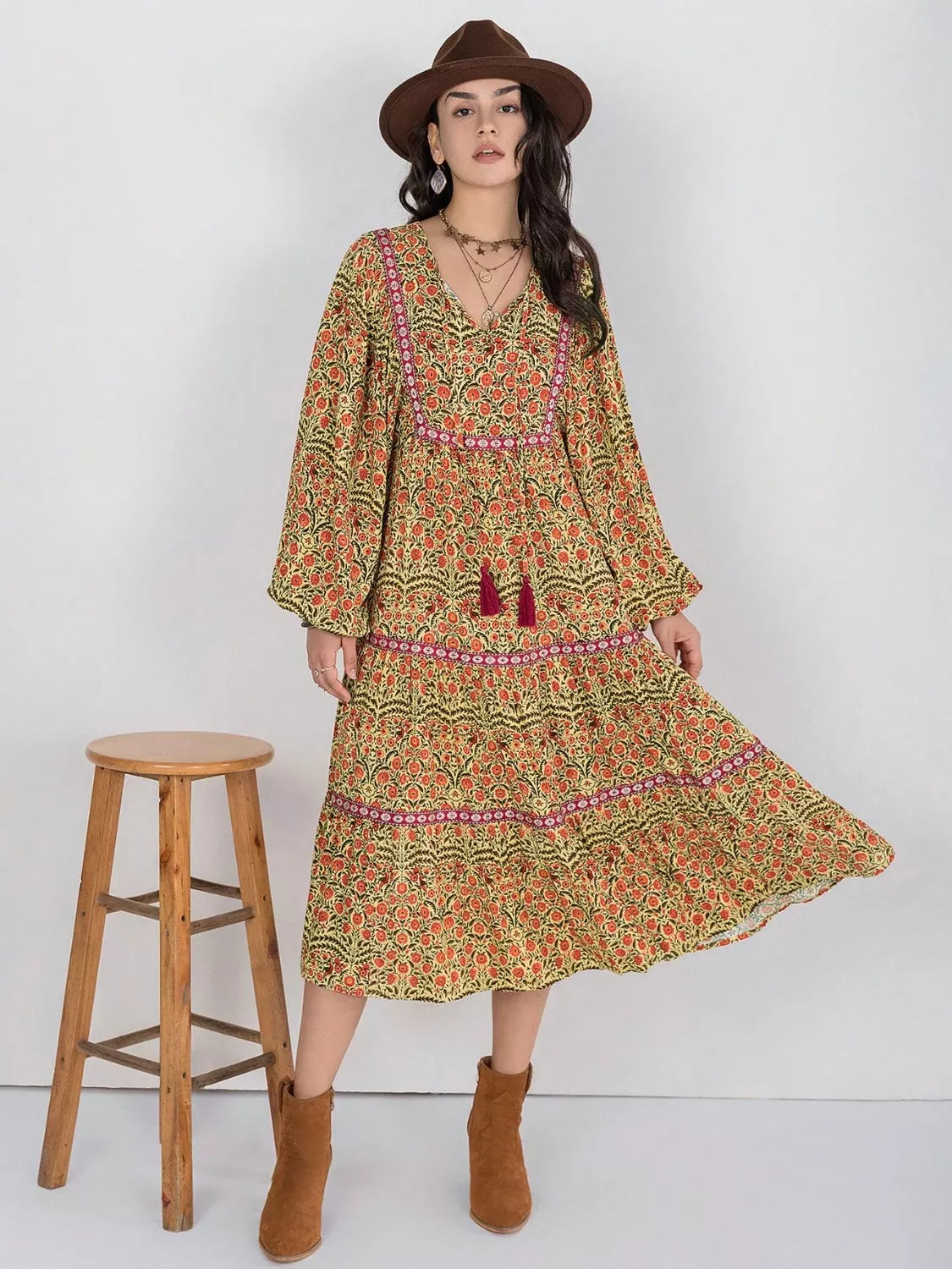 Floral Tiered Midi Dress with Balloon Sleeves  Blue Zone Planet
