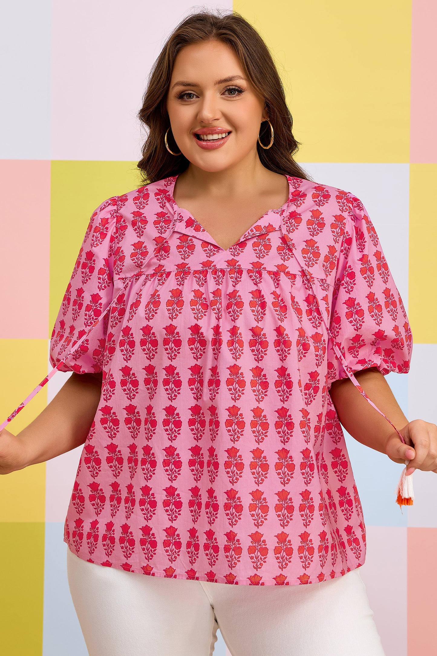 Pink Plus Size Floral Print Tassel Tie Puff Sleeve Cotton Blouse-Plus Size/Plus Size Tops/Plus Size Blouses & Shirts-[Adult]-[Female]-2022 Online Blue Zone Planet