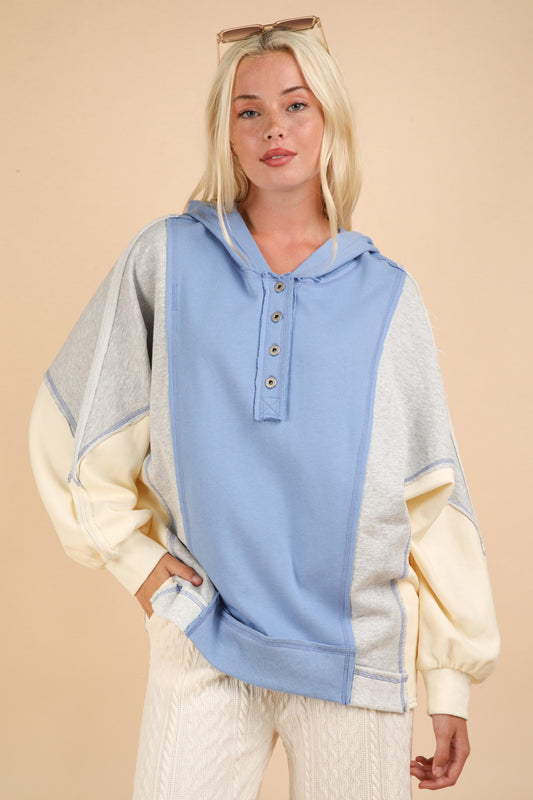 Blue Zone Planet | VERY J Exposed Seam Color Block Half Button Hoodie-TOPS / DRESSES-[Adult]-[Female]-Blue-S-2022 Online Blue Zone Planet