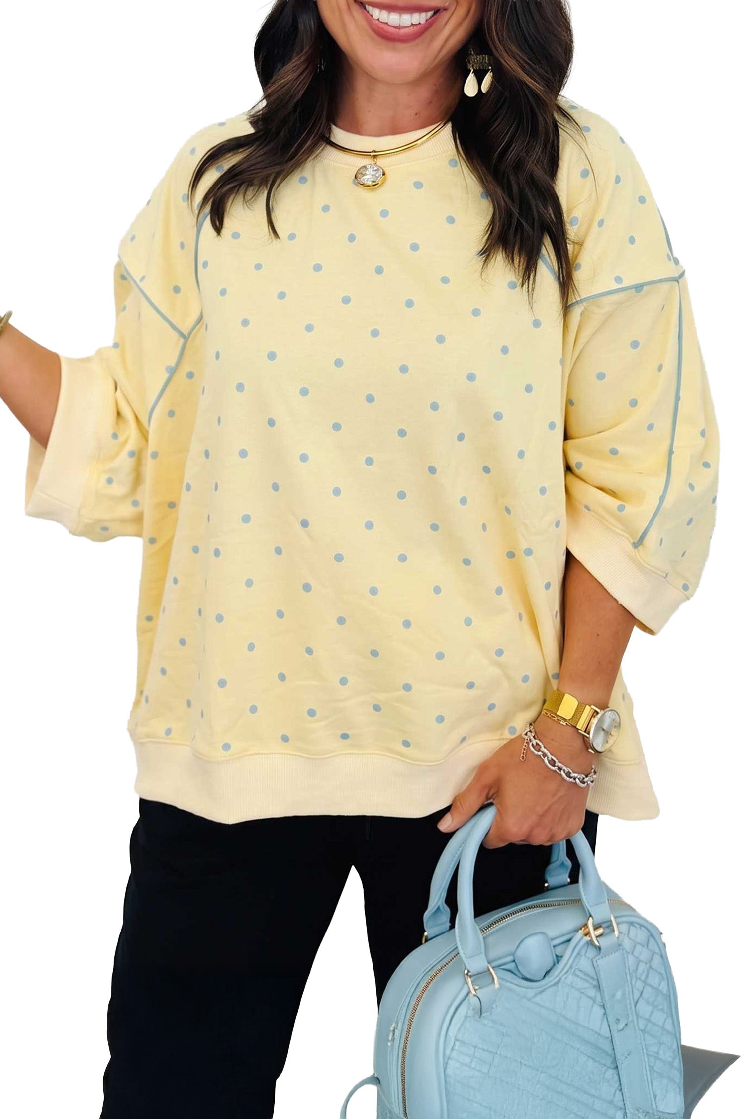 Yellow Polka Dot Print Piping Trim 3/4 Sleeve Relaxed Top-Tops/Long Sleeve Tops-[Adult]-[Female]-2022 Online Blue Zone Planet