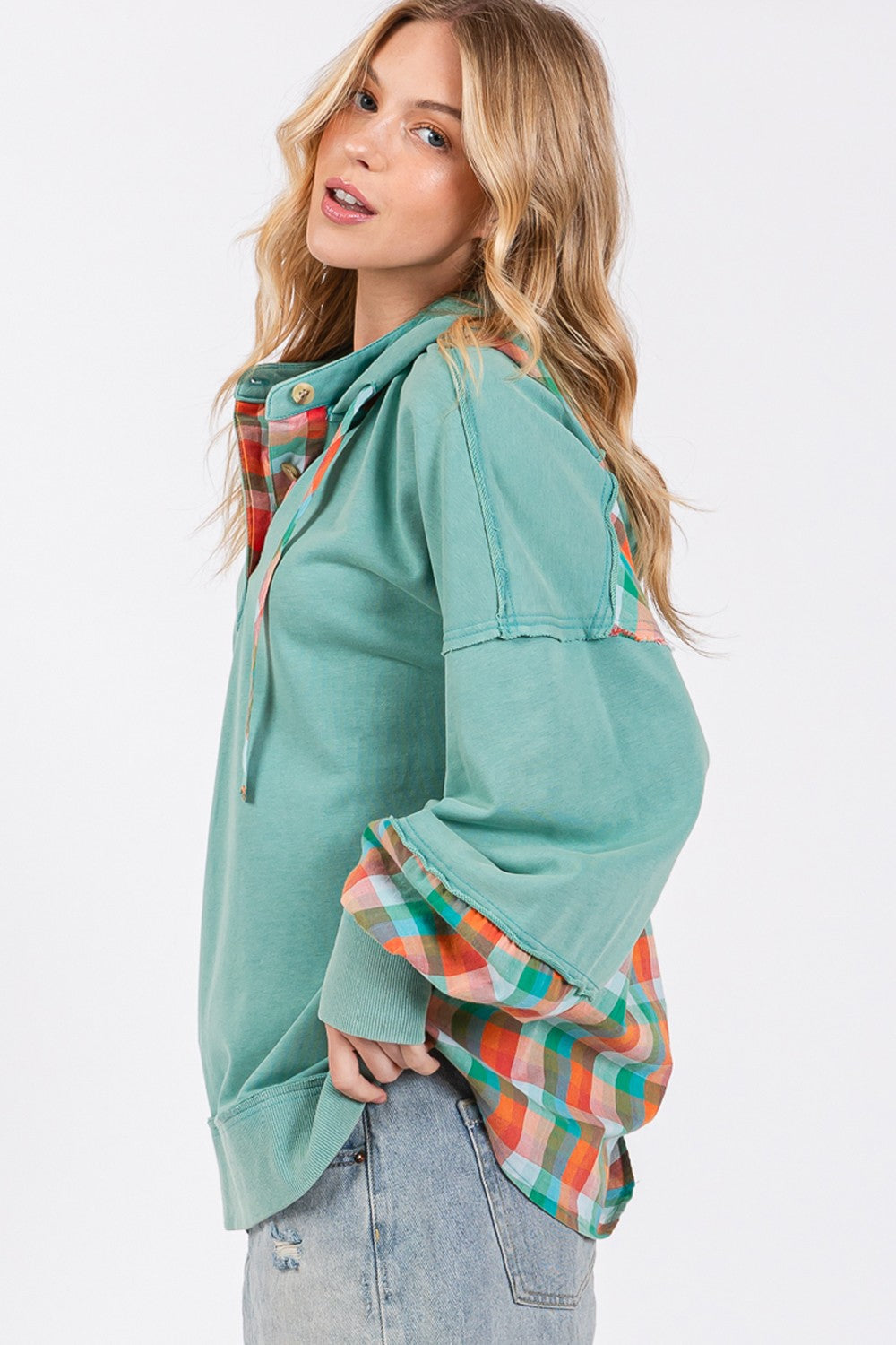 Blue Zone Planet | SAGE + FIG Full Size Plaid Print Washed Hoodie-Tops / Dresses-[Adult]-[Female]-2022 Online Blue Zone Planet