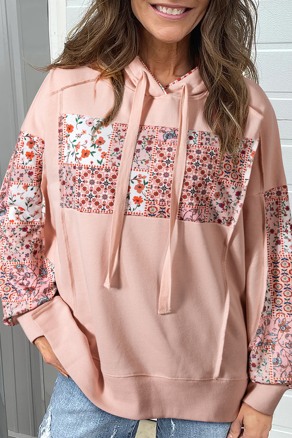 Delicacy Mix Floral Patchwork Side Slit Drawstring Hoodie-Tops/Sweatshirts & Hoodies-[Adult]-[Female]-Delicacy-S-2022 Online Blue Zone Planet