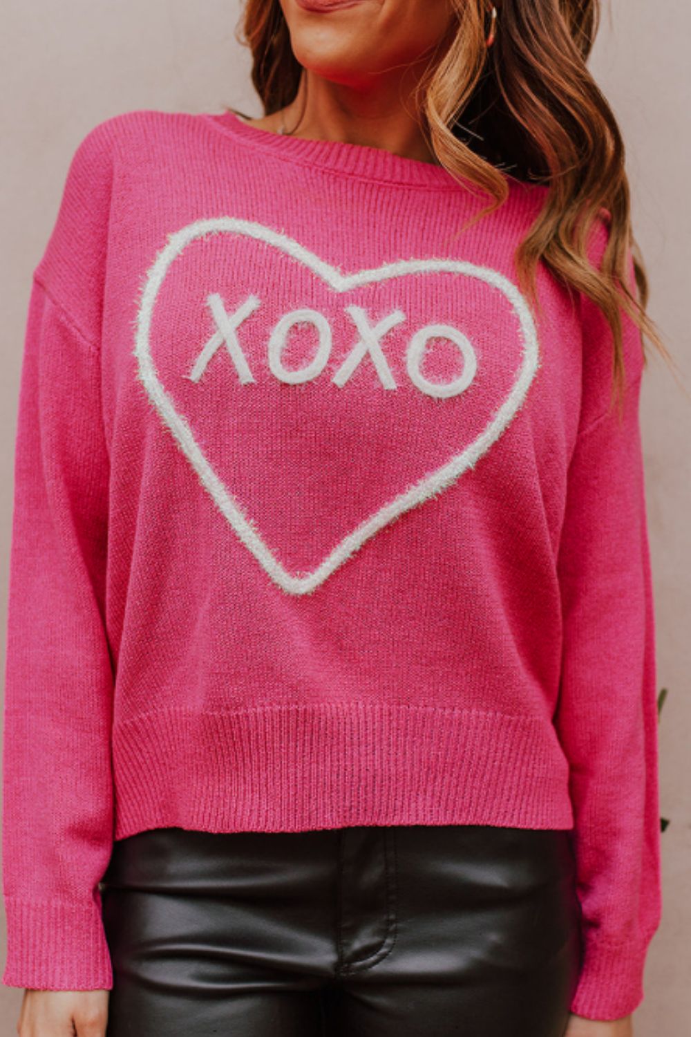 XOXO Round Neck Drop Shoulder Sweater-TOPS / DRESSES-[Adult]-[Female]-2022 Online Blue Zone Planet