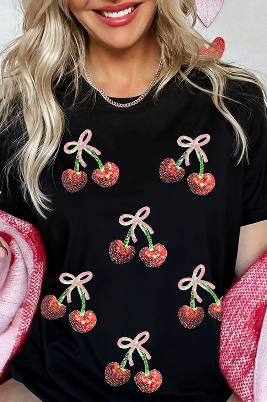 Black Sequin Bow Cheery Patched Valentines Graphic Tee-Graphic Tees-[Adult]-[Female]-Black-2XL-2022 Online Blue Zone Planet