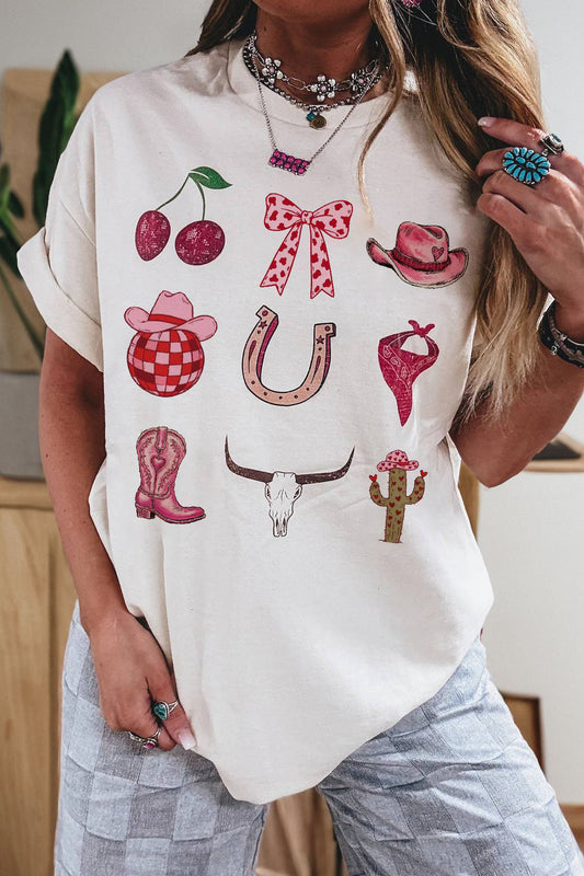 White Coquette Cowgirl Elements Printed Relaxed Tee-Tops/Tops & Tees-[Adult]-[Female]-White-S-2022 Online Blue Zone Planet