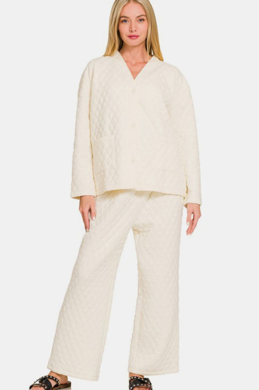 Blue Zone Planet | Zenana Quilted Button Up Long Sleeve Top and Pants Lounge Set-TOPS / DRESSES-[Adult]-[Female]-Cream-S-2022 Online Blue Zone Planet