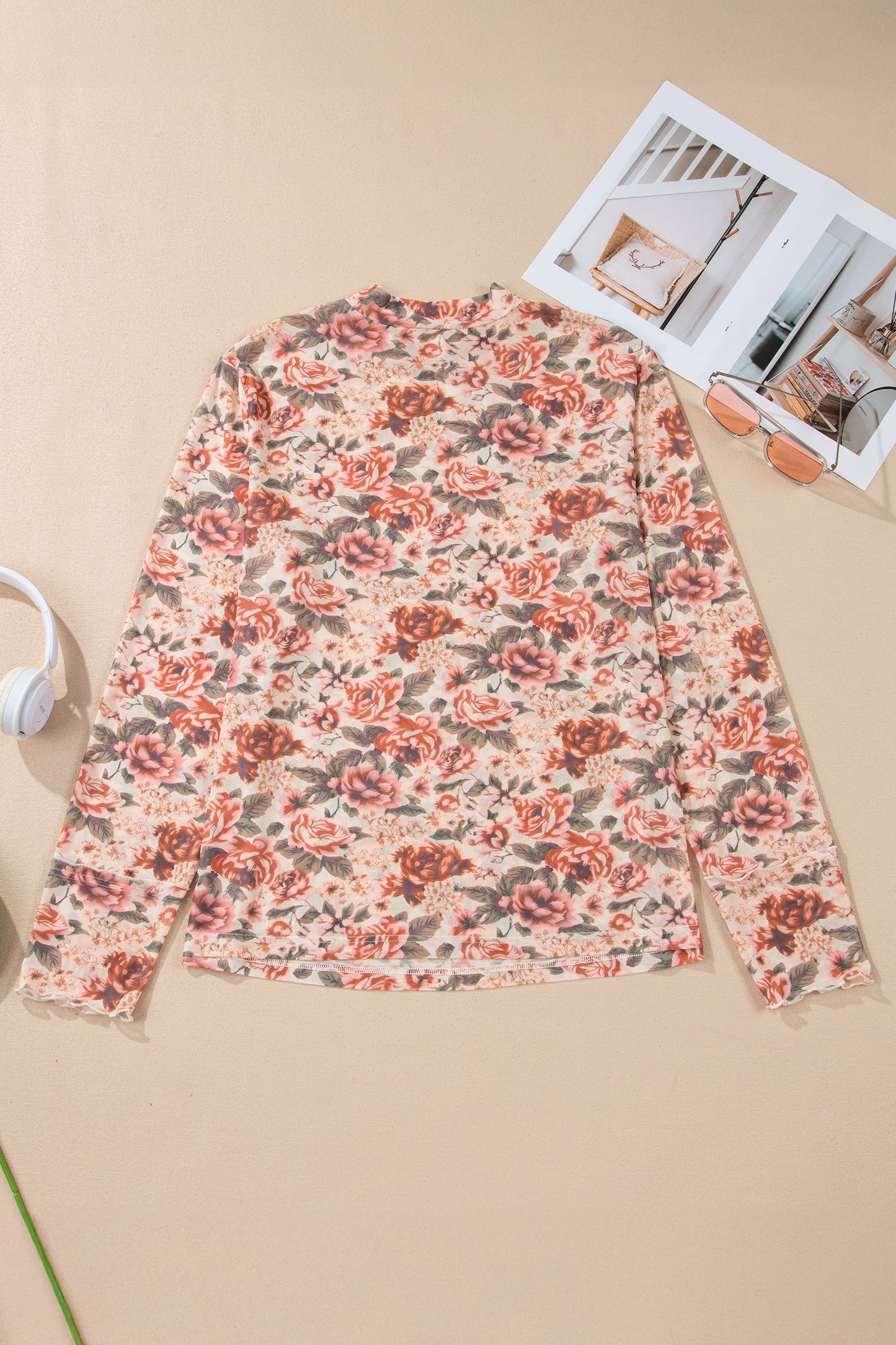 Pink Plus Size Floral Mock Neck Long Sleeve Slim Top-Plus Size/Plus Size Tops/Plus Size Long Sleeve Tops-[Adult]-[Female]-2022 Online Blue Zone Planet