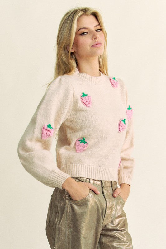 Davi & Dani Crochet Strawberry Round Neck Sweater-TOPS / DRESSES-[Adult]-[Female]-2022 Online Blue Zone Planet