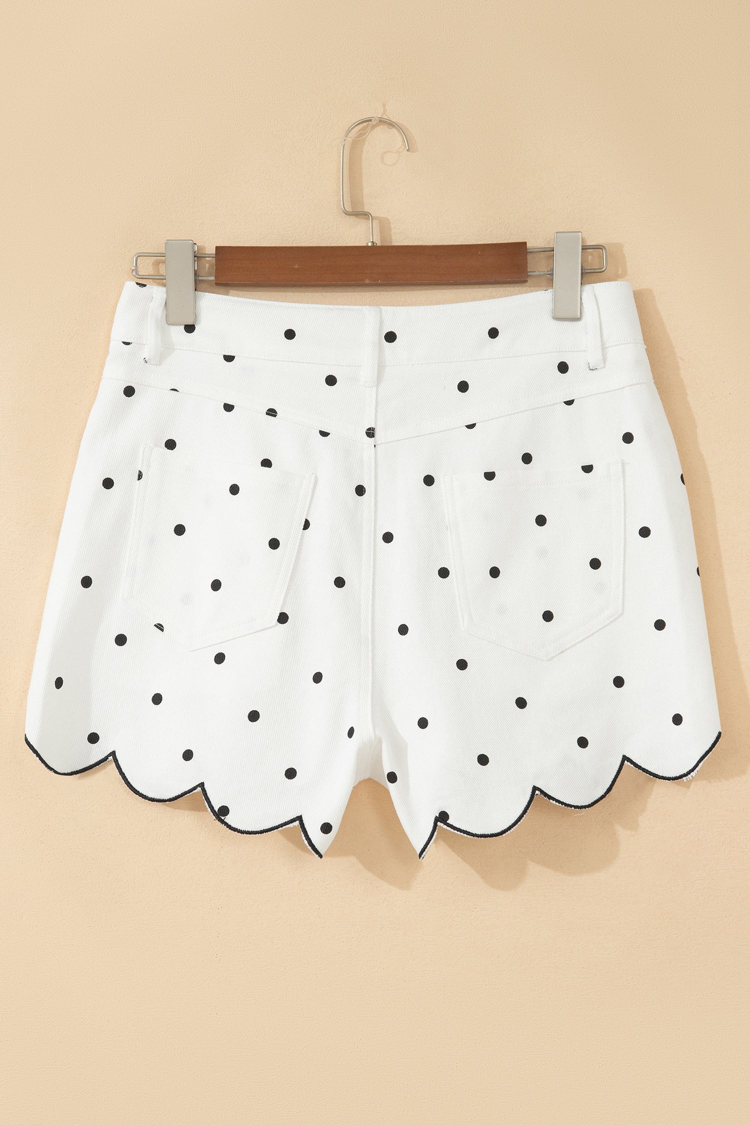White Polka Dot Print Embroidered Scallop Hem Shorts-Bottoms/Casual Shorts-[Adult]-[Female]-2022 Online Blue Zone Planet