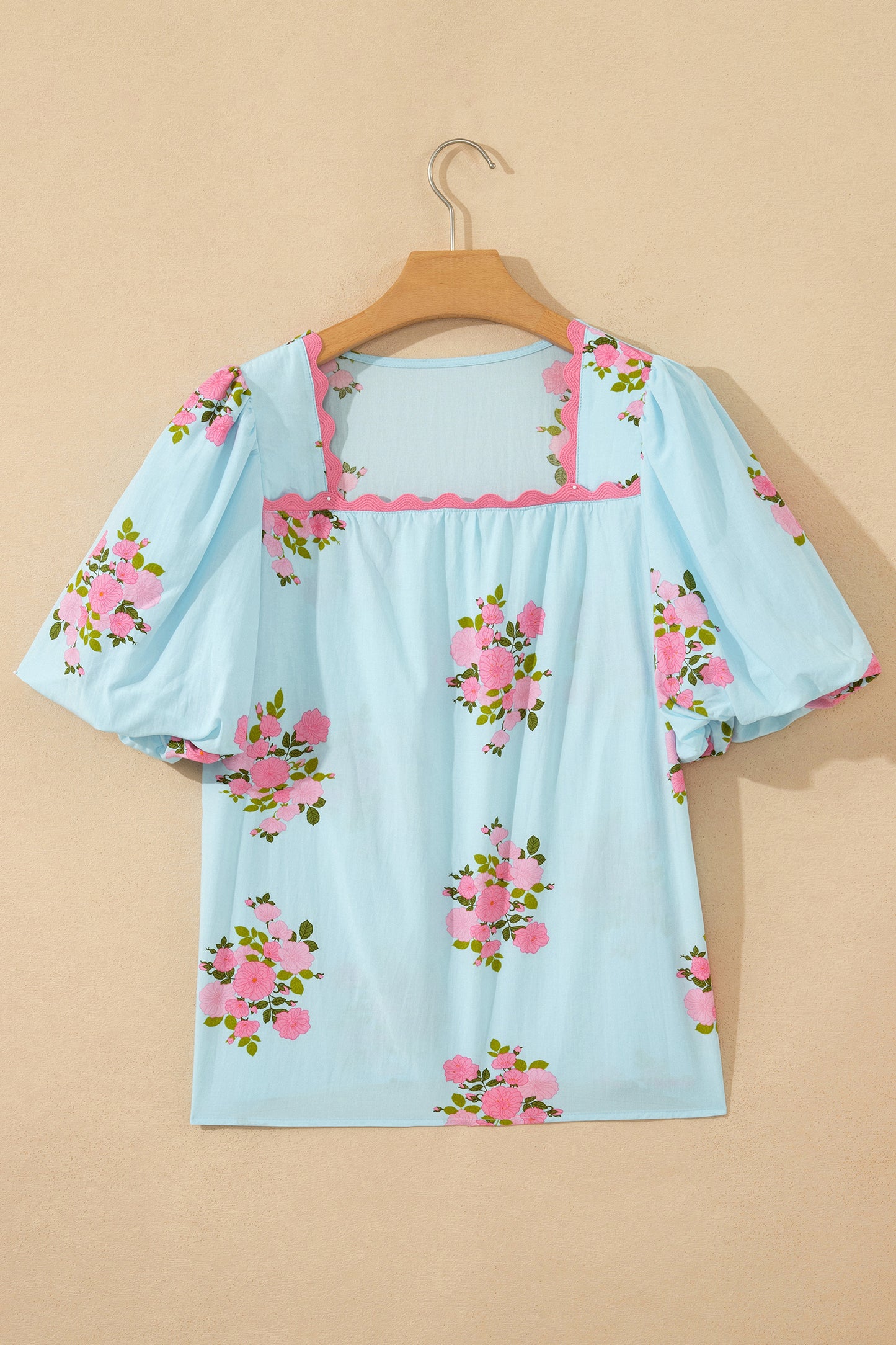 Sky Blue Floral Printed Contrast Ricrac Detail Bubble Sleeve Blouse-Tops/Blouses & Shirts-[Adult]-[Female]-2022 Online Blue Zone Planet